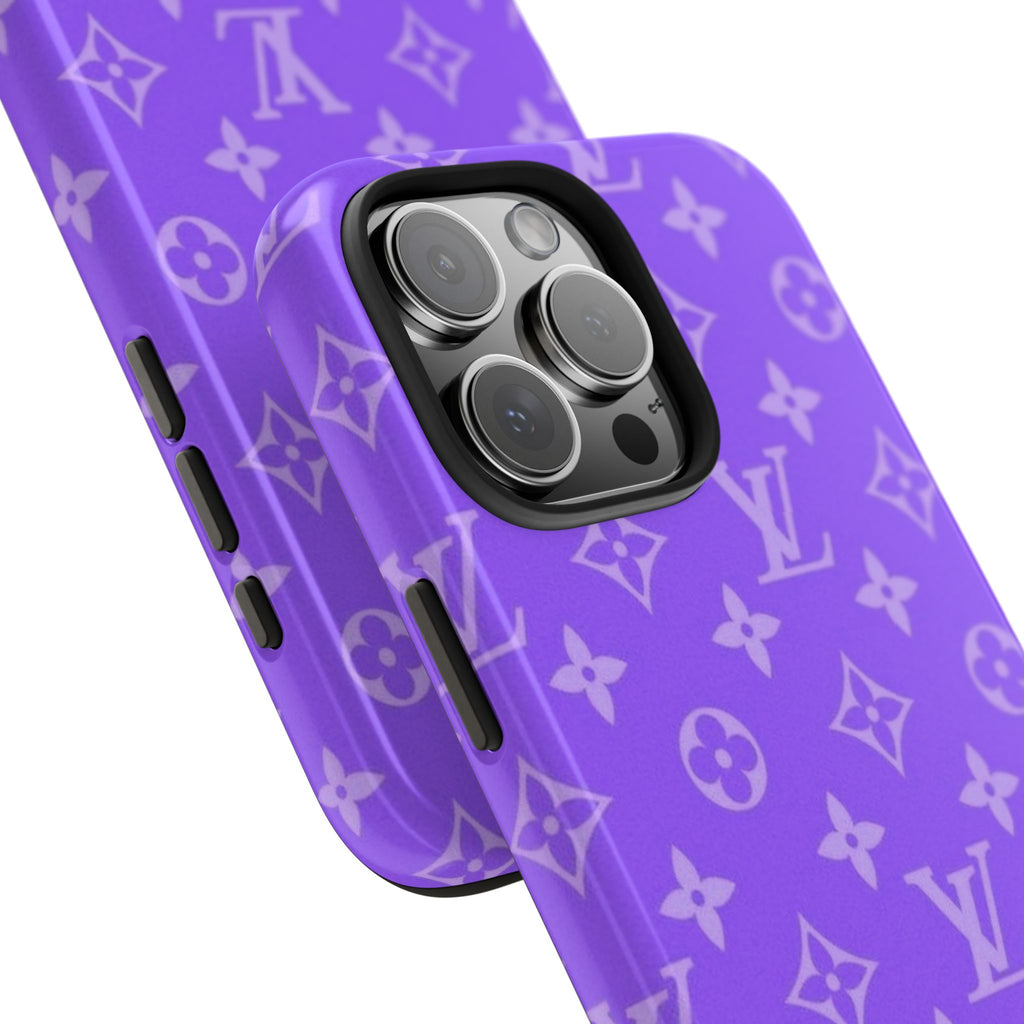Purple phone case close-up with repeating LV monogram pattern and camera lens cutout