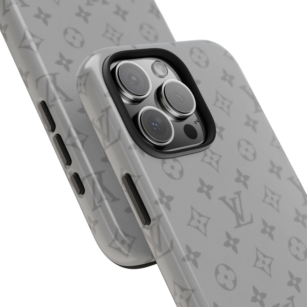 Gray LV patterned phone case angled view with camera cutout and side buttons