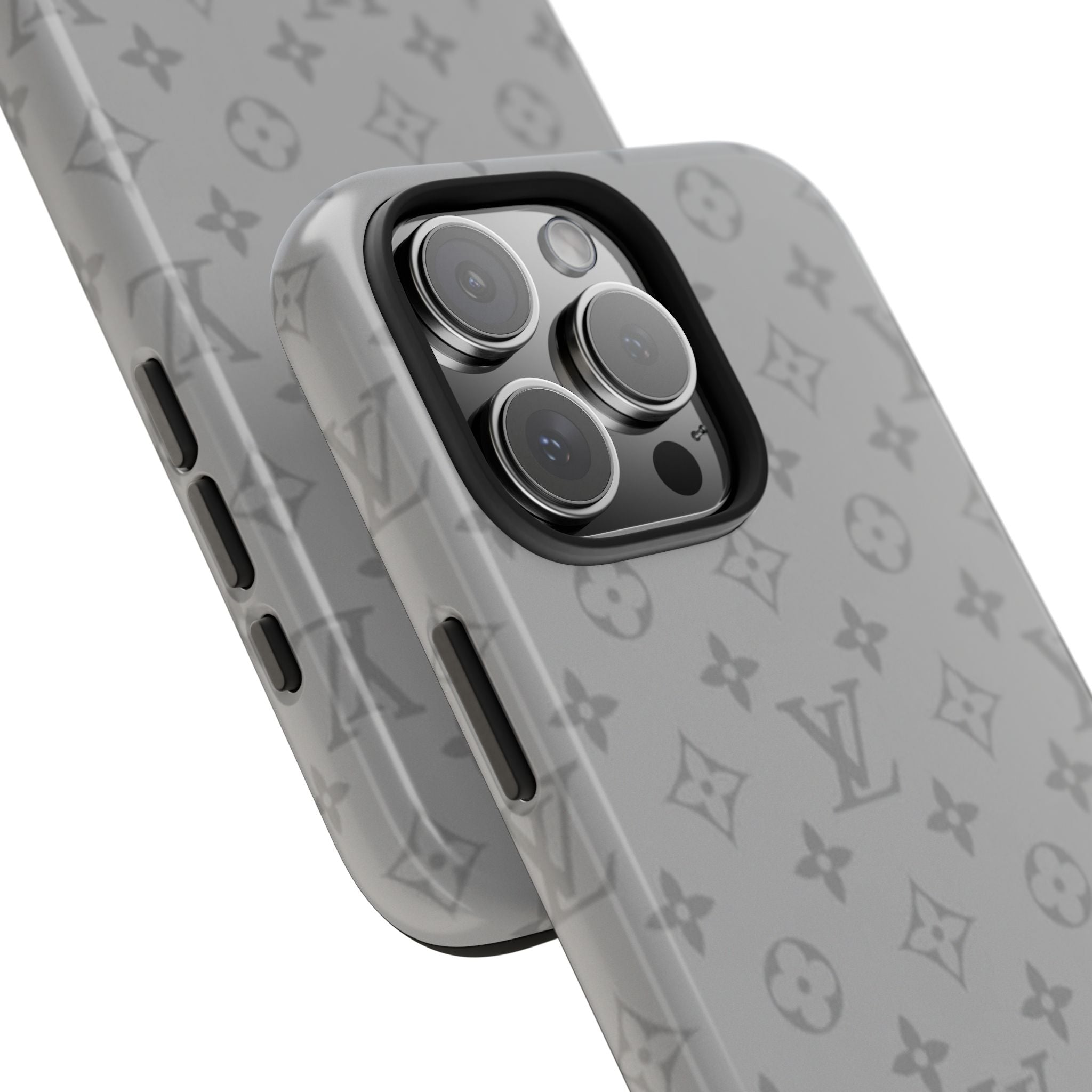 Gray LV patterned phone case angled view with camera cutout and side buttons
