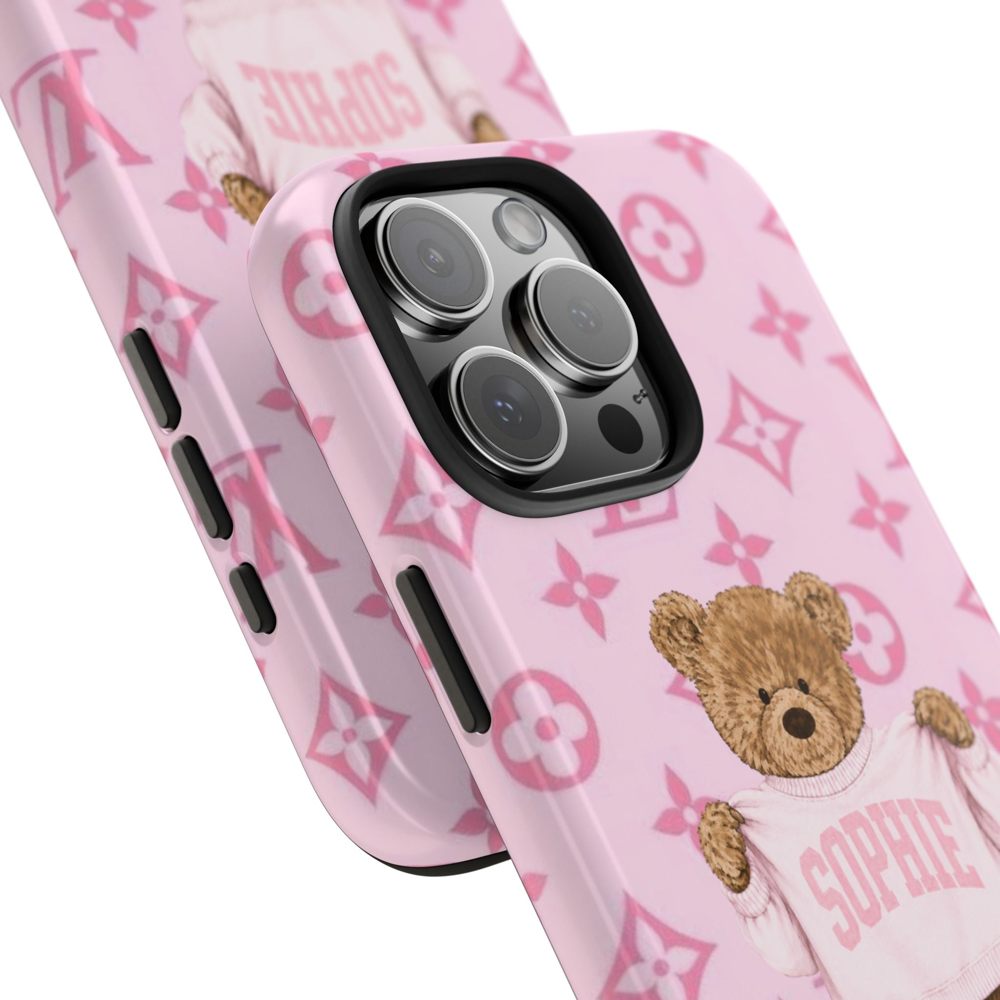 Pink phone case close-up: teddy bear Sophie shirt, LV pattern, camera cutouts