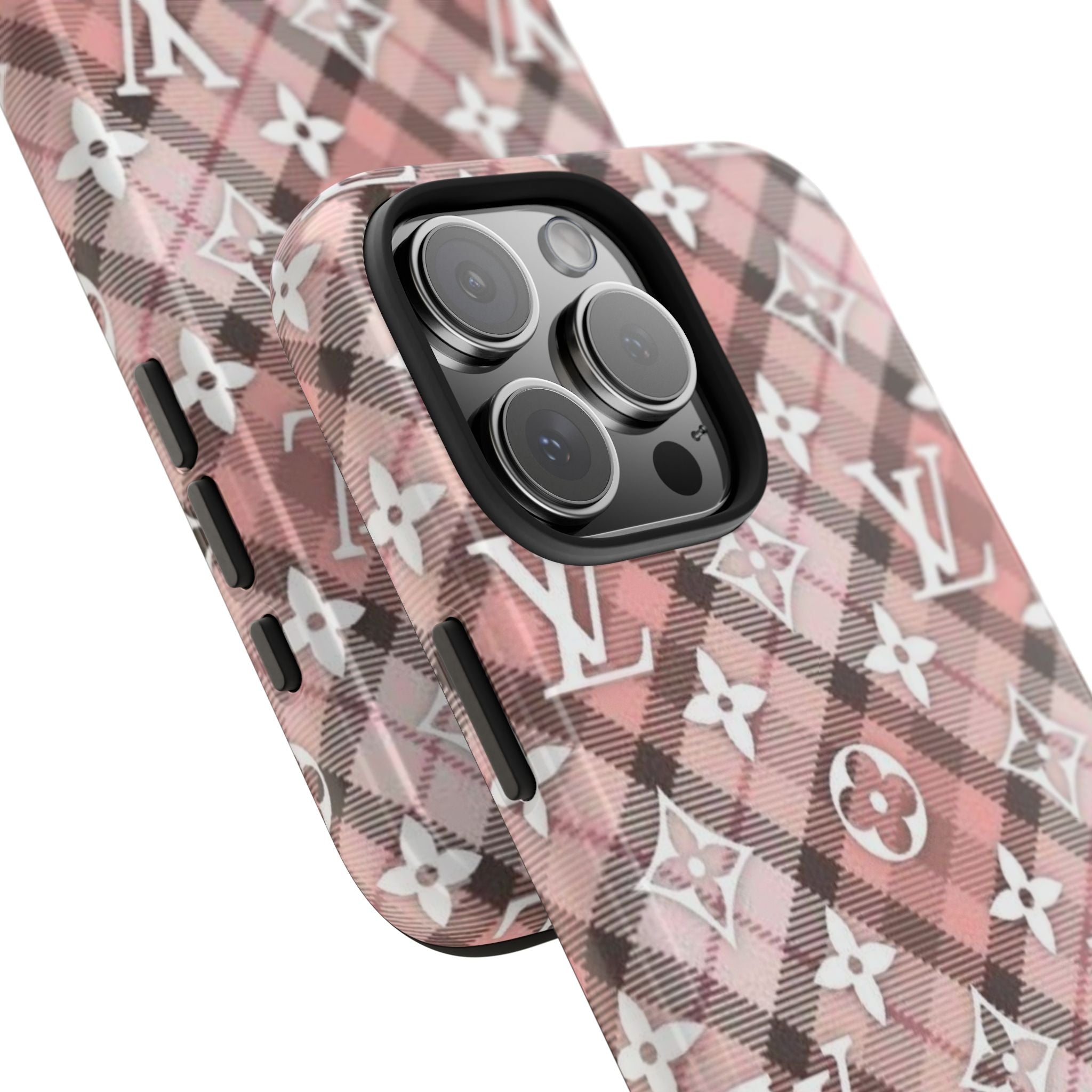 Plaid LV phone case corner view with camera module cutout on pink plaid