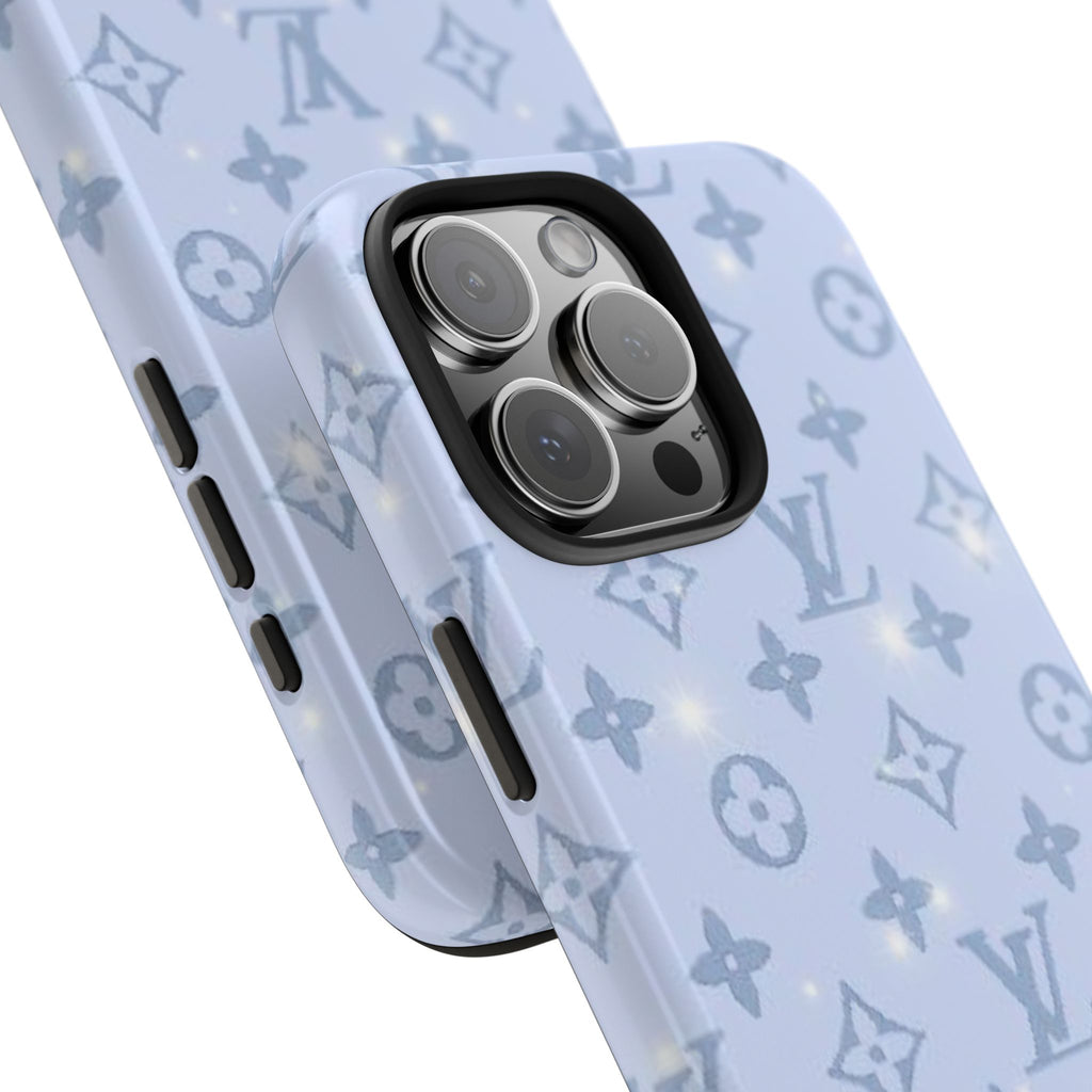 Baby blue sparkle LV monogram phone case close-up, dual-camera cutout and buttons