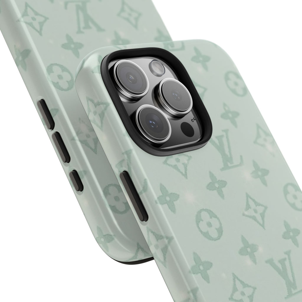 Sage green patterned phone case with triple-camera cutout and side button openings