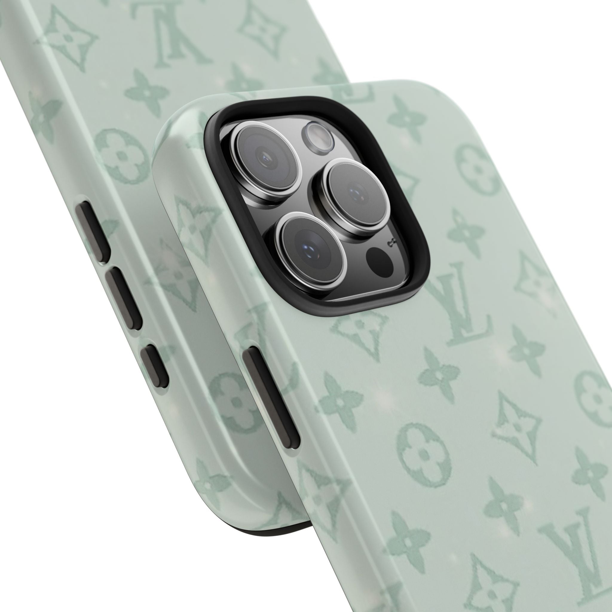 Sage green patterned phone case with triple-camera cutout and side button openings