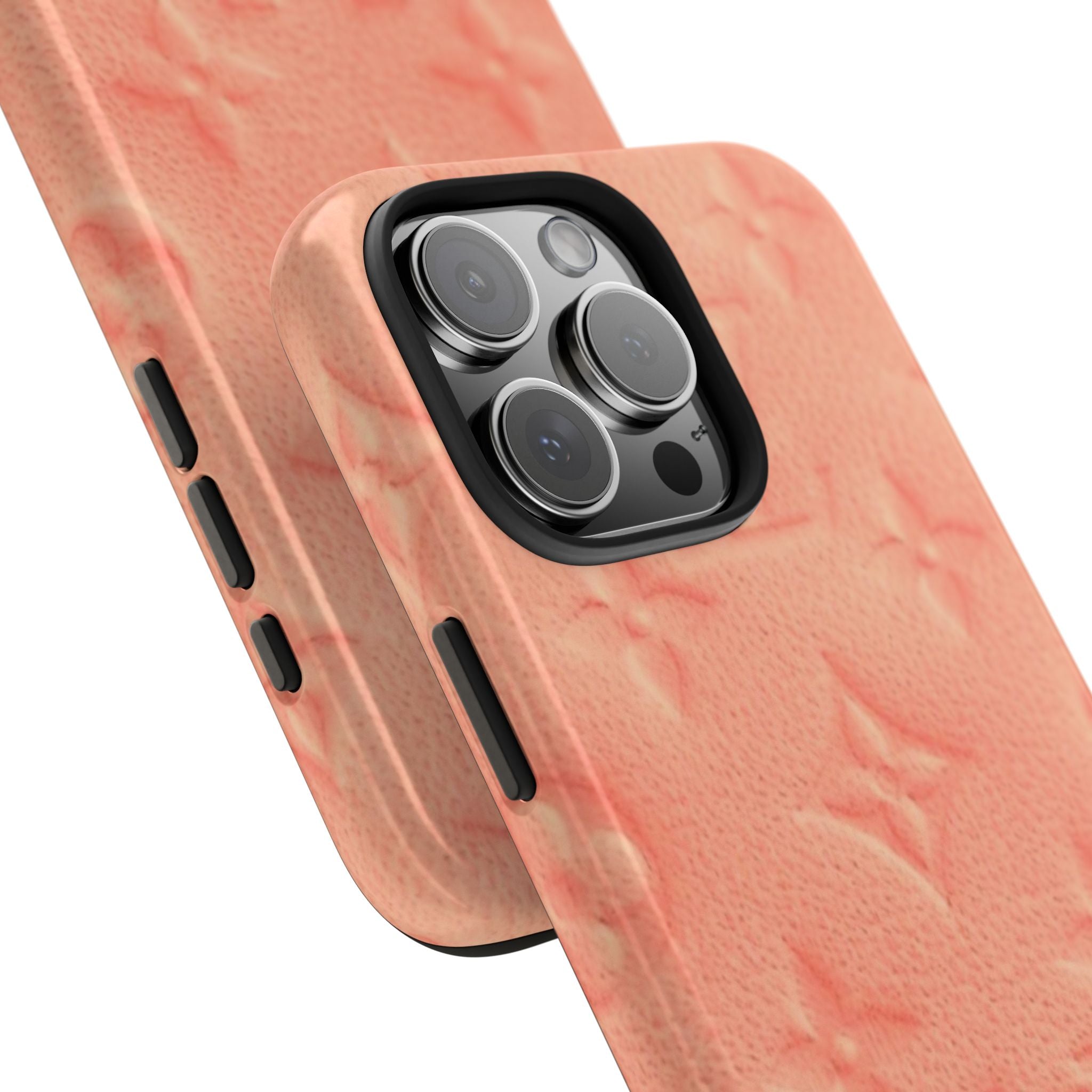 Apricot orange phone case with embossed LV-style monogram, side buttons and camera bump