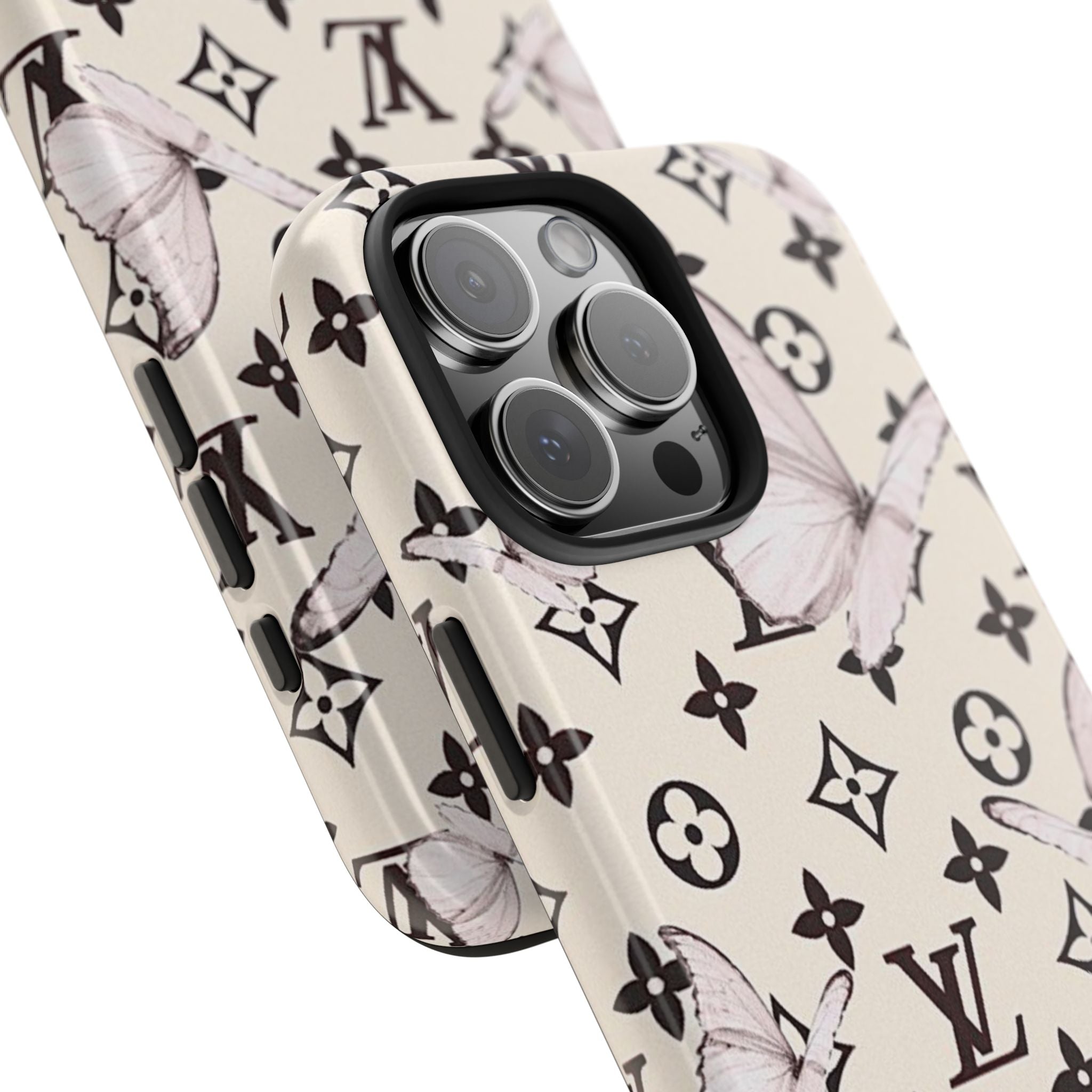 Cream phone case close-up with butterfly and monogram design, lens protectors