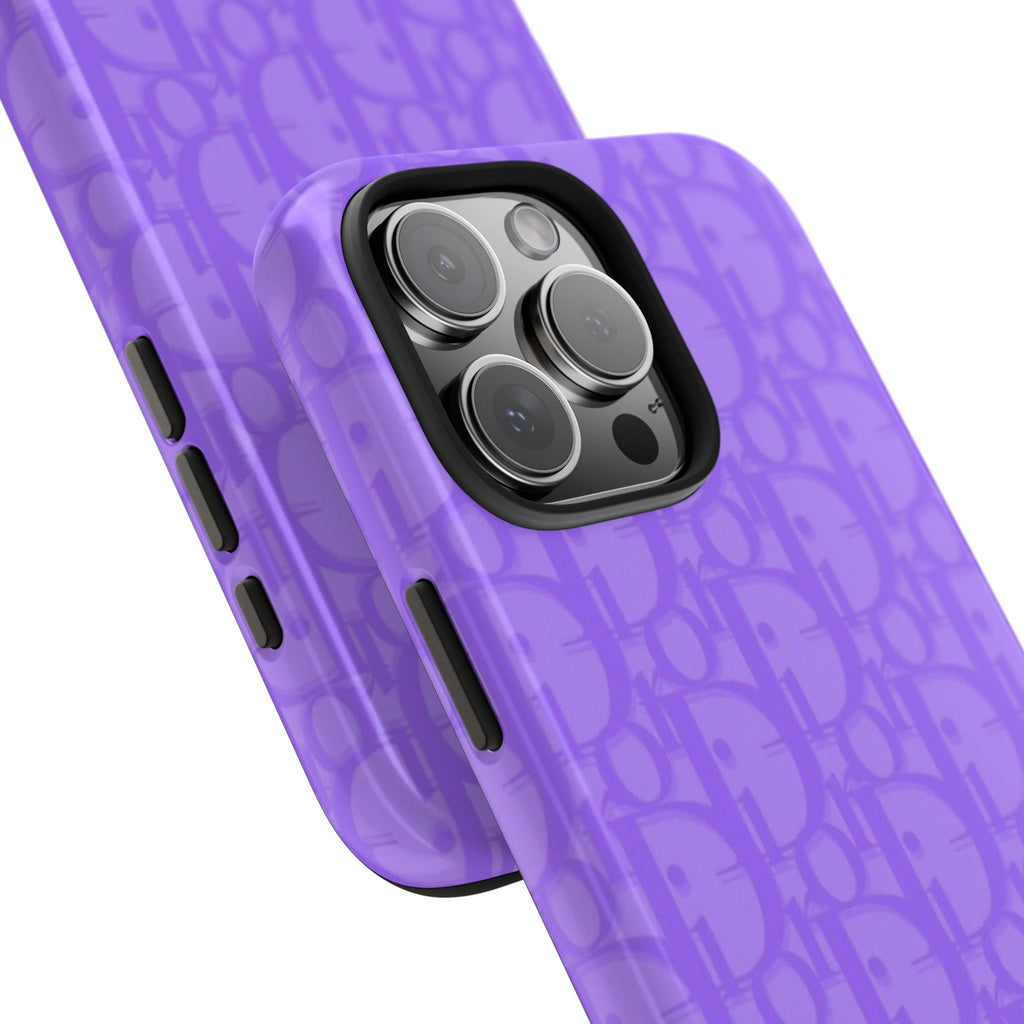 Purple Dior phone case close-up with monogram texture and camera module protection