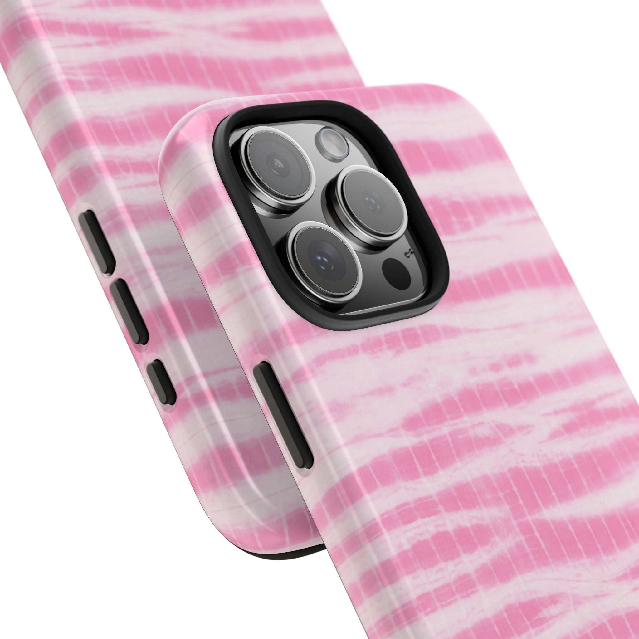 Pink tie-dye phone case with HJM monogram, showing side buttons and camera lenses