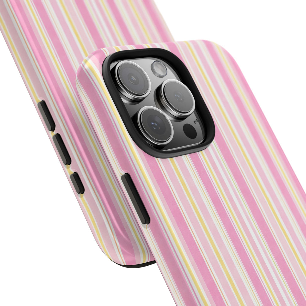 Phone case with vertical pink and white stripes, black camera bump and side buttons