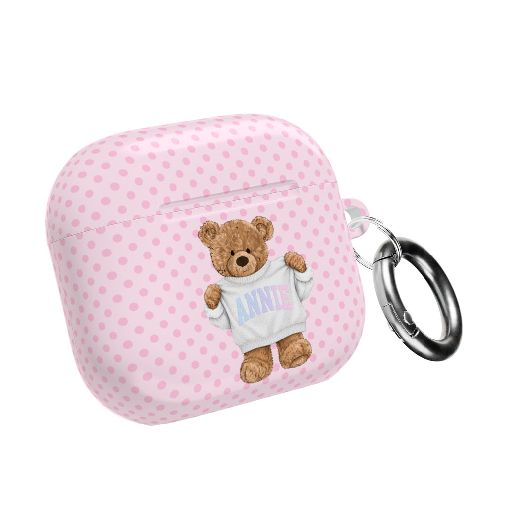 PERSONALIZED VARSITY SWEATER PINK POLKA DOTS CUSTOM TEDDY BEAR NAME AIRPOD CASE