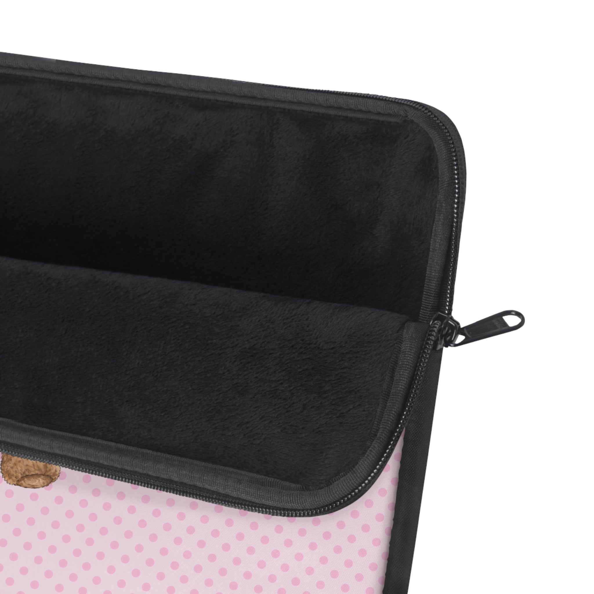 Pink polka dot device sleeve with teddy corner patch and zipper, black trim
