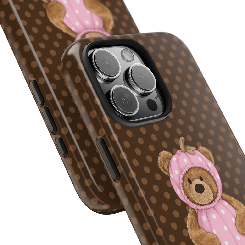 BROWN POLKA DOTS HALLOWEEN PINK PUMPKIN TEDDY BEAR PHONE CASE