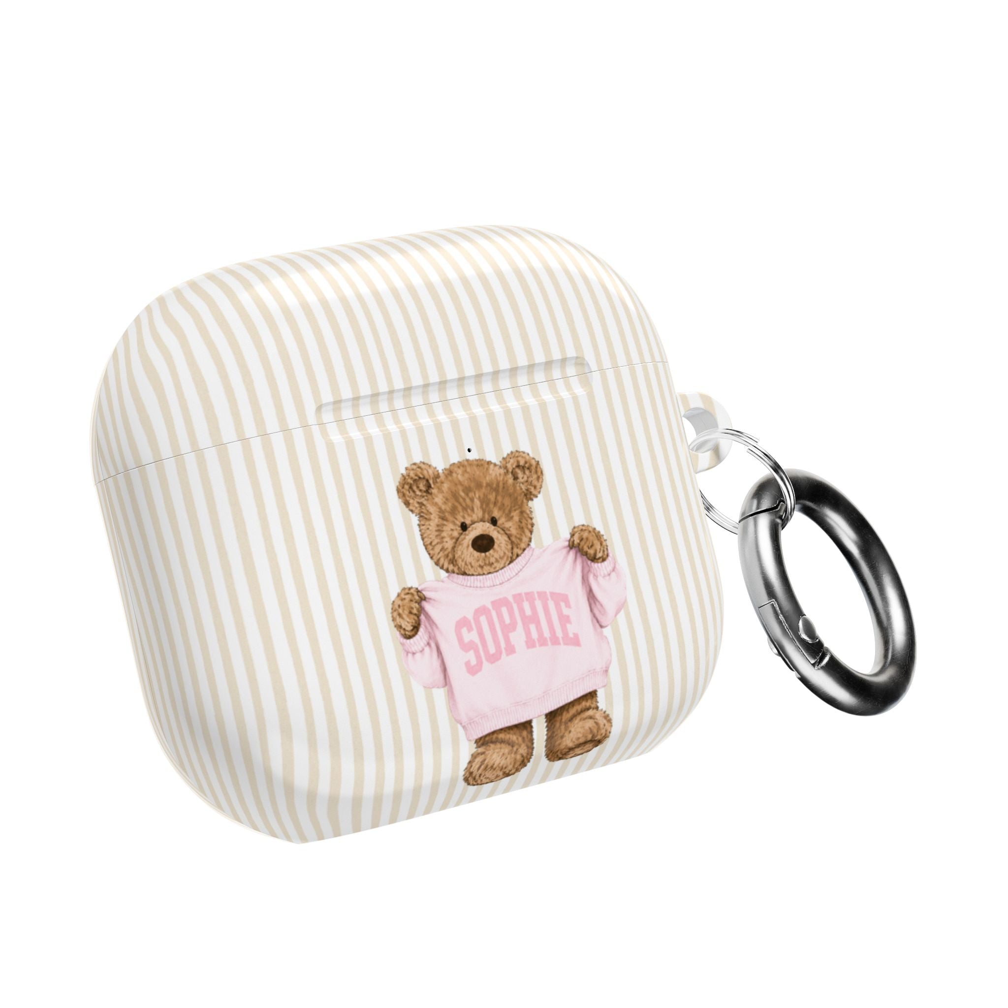 PERSONALIZED VARSITY SWEATER BEIGE STRIPES CUSTOM TEDDY BEAR NAME AIRPOD CASE