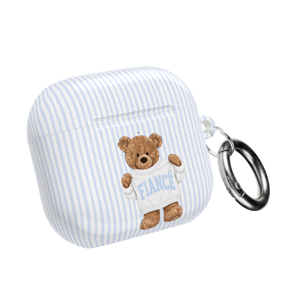 PERSONALIZED VARSITY SWEATER BLUE STRIPES CUSTOM TEDDY BEAR FIANCE NAME AIRPOD CASE