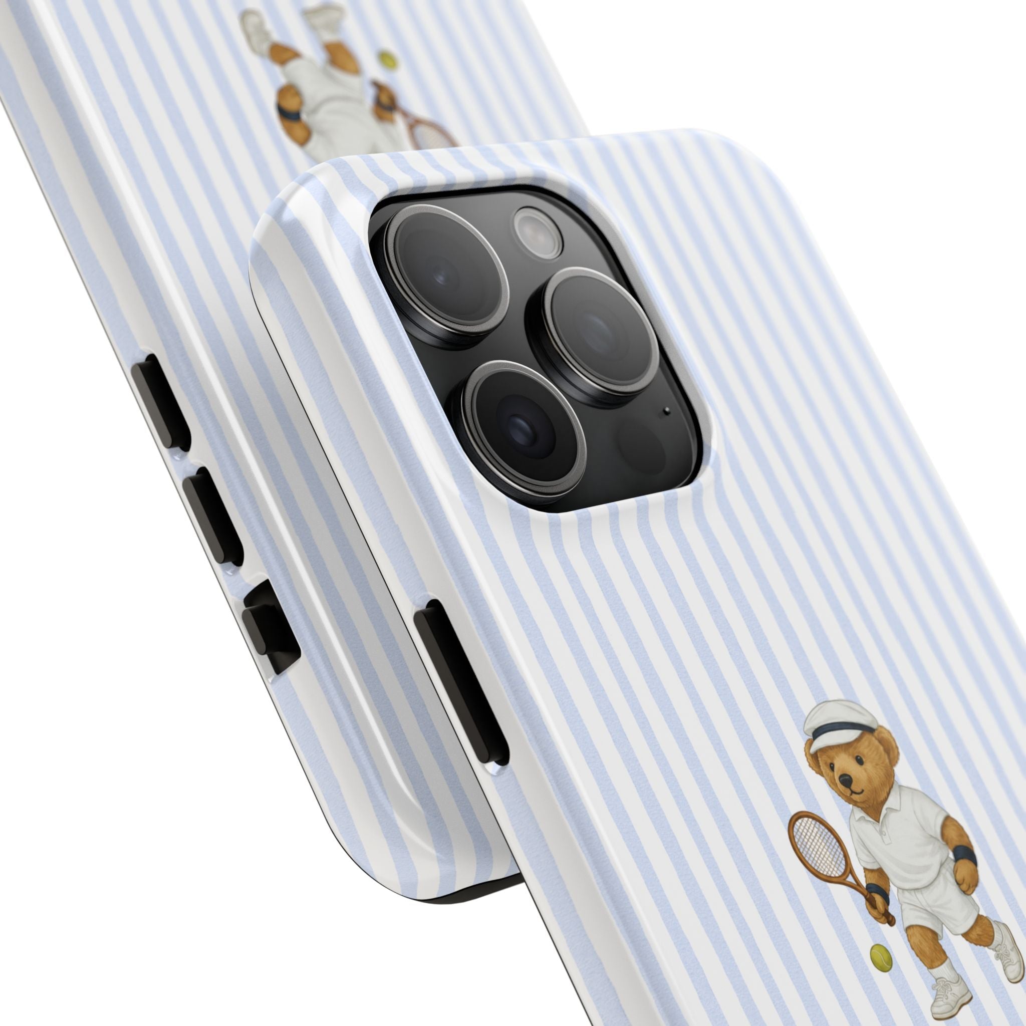 Light blue striped phone case with tennis teddy bear figure and camera cutouts