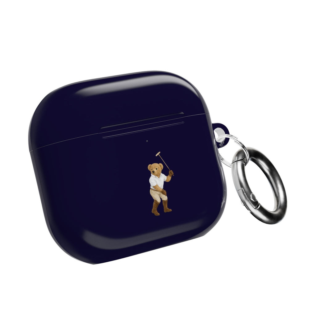Navy blue AirPods case with teddy bear charm and metal key ring