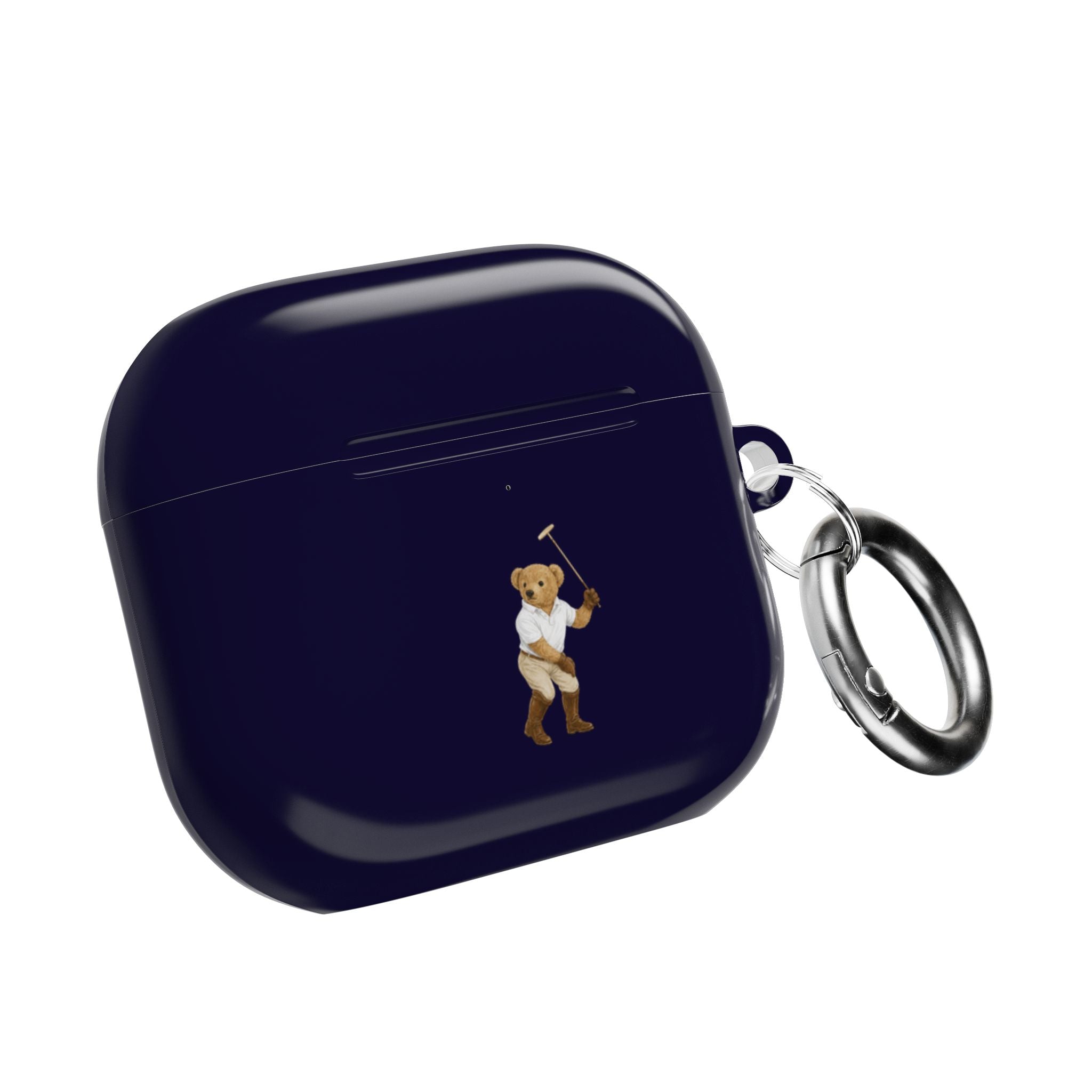 Navy blue AirPods case with teddy bear charm and metal key ring