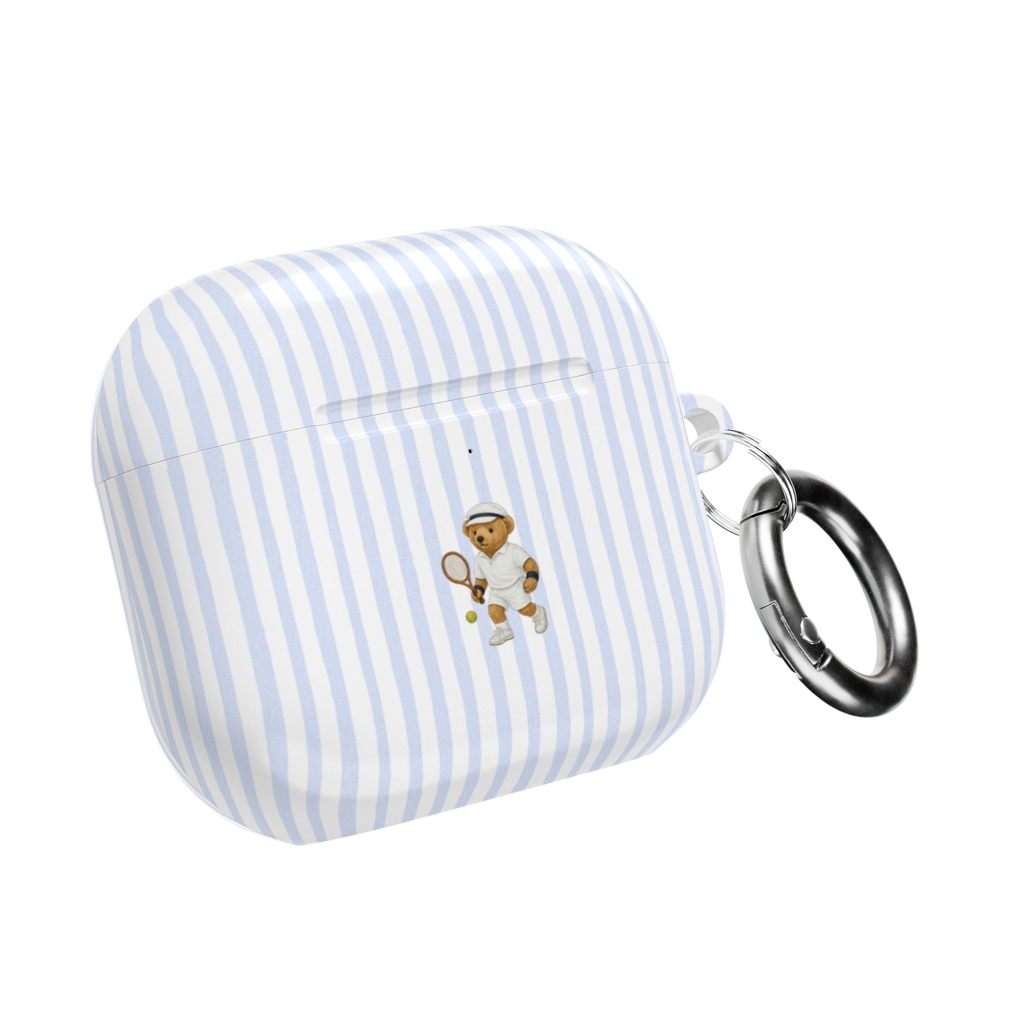 Light blue striped AirPods case with teddy bear tennis charm and metal keyring