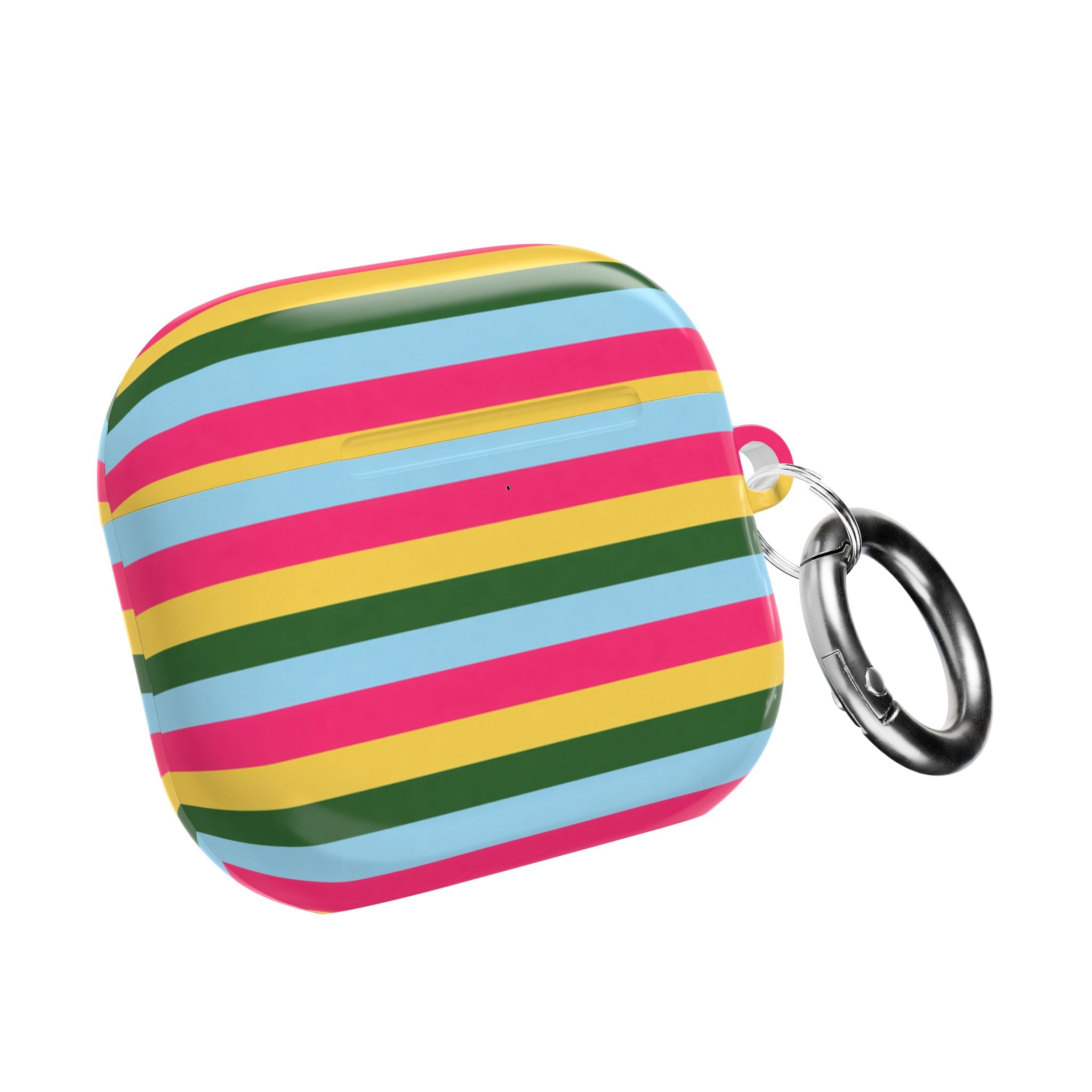 Striped AirPods case with colorful bands and metal keyring loop