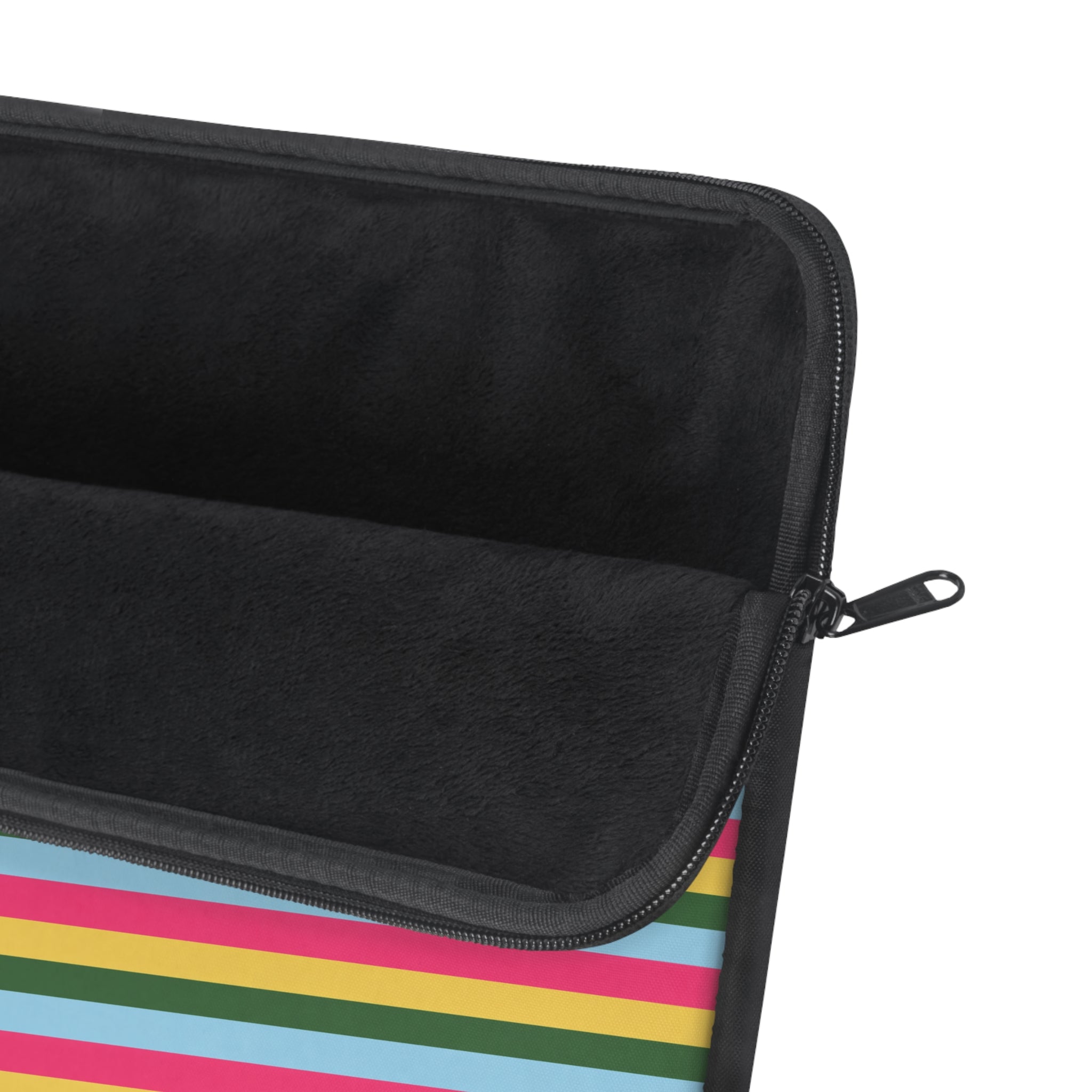 Black zippered device sleeve with multicolor stripe lining, fabric texture detail