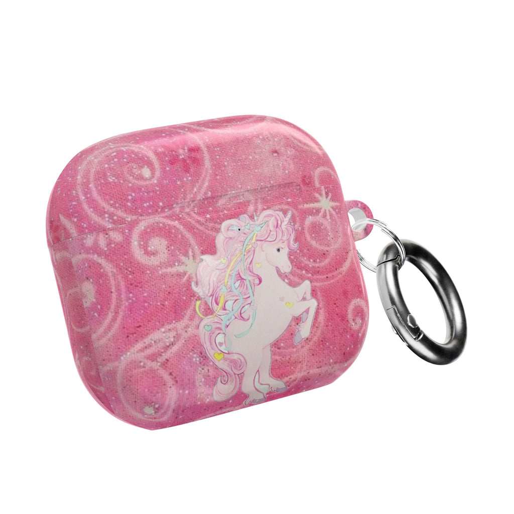 Pink glitter unicorn AirPods case with metal keyring, swirl pattern