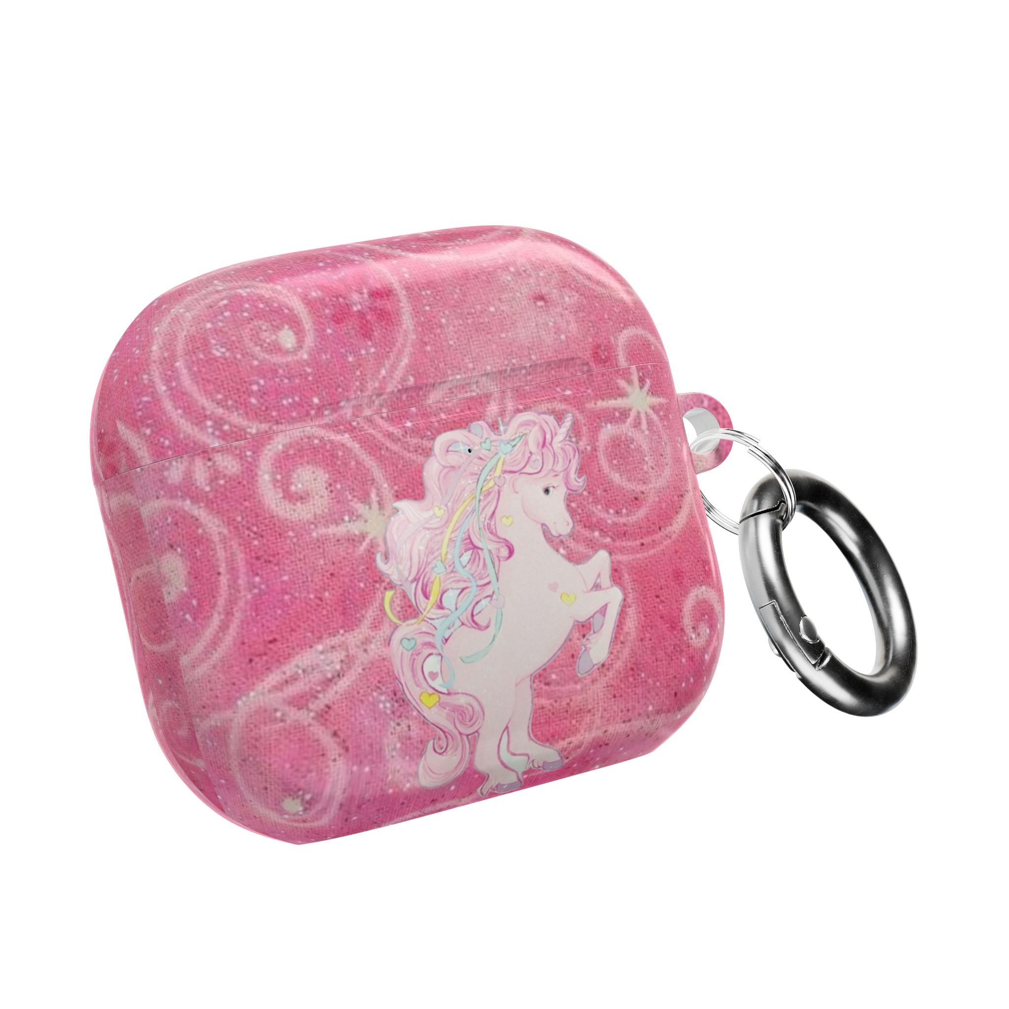 Pink glitter unicorn AirPods case with metal keyring, swirl pattern