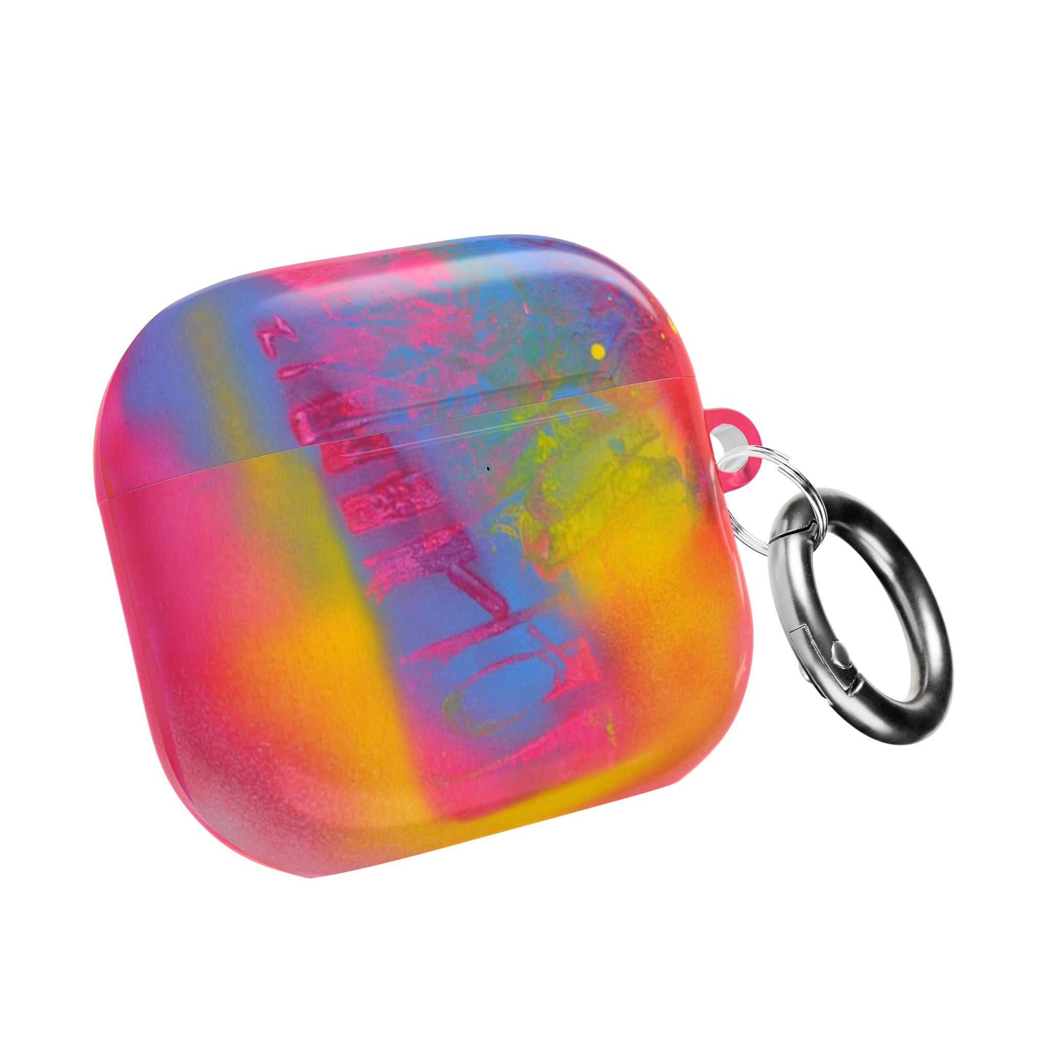 Mirage Glow AirPods case with colorful rainbow holographic finish and metal keyring