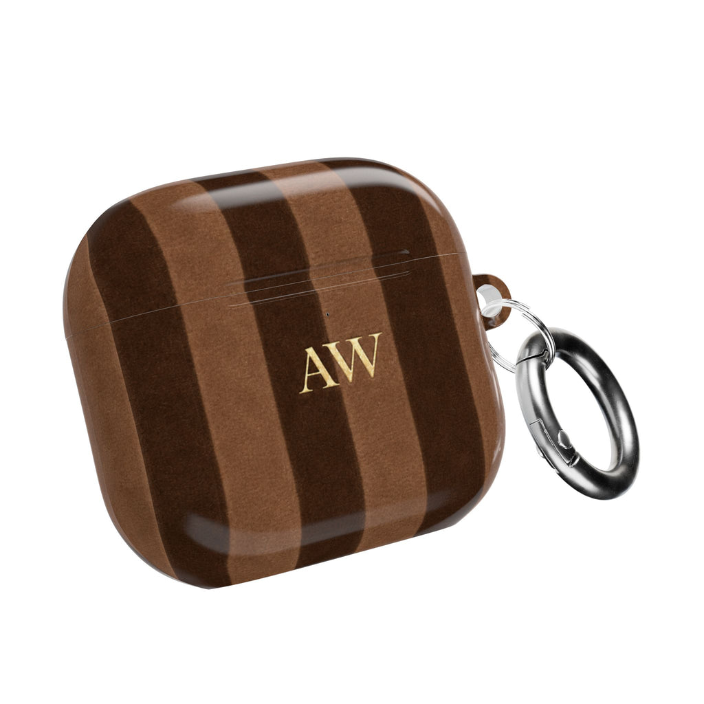 PERSONALIZED NAME CUSTOM BROWN VELVET STRIPES INITIALS AIRPOD CASE