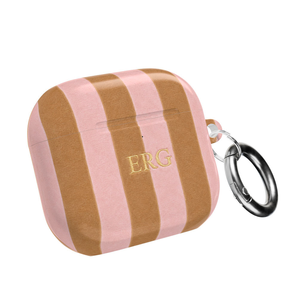 PERSONALIZED NAME CUSTOM BEIGE & PINK STRIPES INITIALS AIRPOD CASE