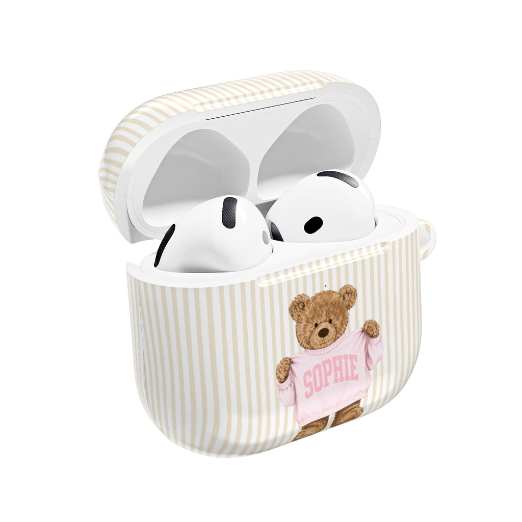 PERSONALIZED VARSITY SWEATER BEIGE STRIPES CUSTOM TEDDY BEAR NAME AIRPOD CASE