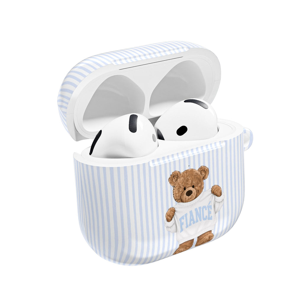 PERSONALIZED VARSITY SWEATER BLUE STRIPES CUSTOM TEDDY BEAR FIANCE NAME AIRPOD CASE