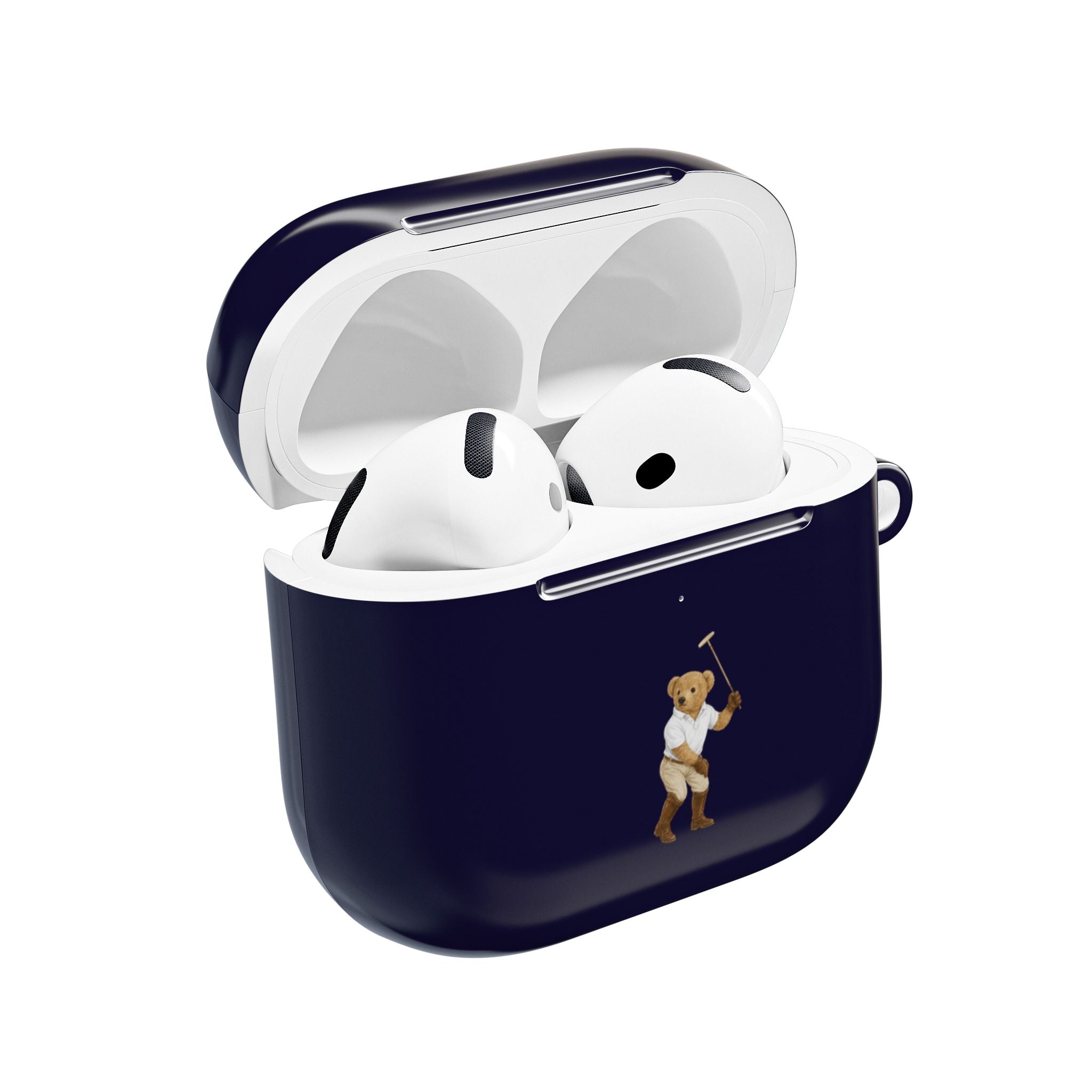 Navy blue AirPods case with teddy bear graphic, open showing white earbuds