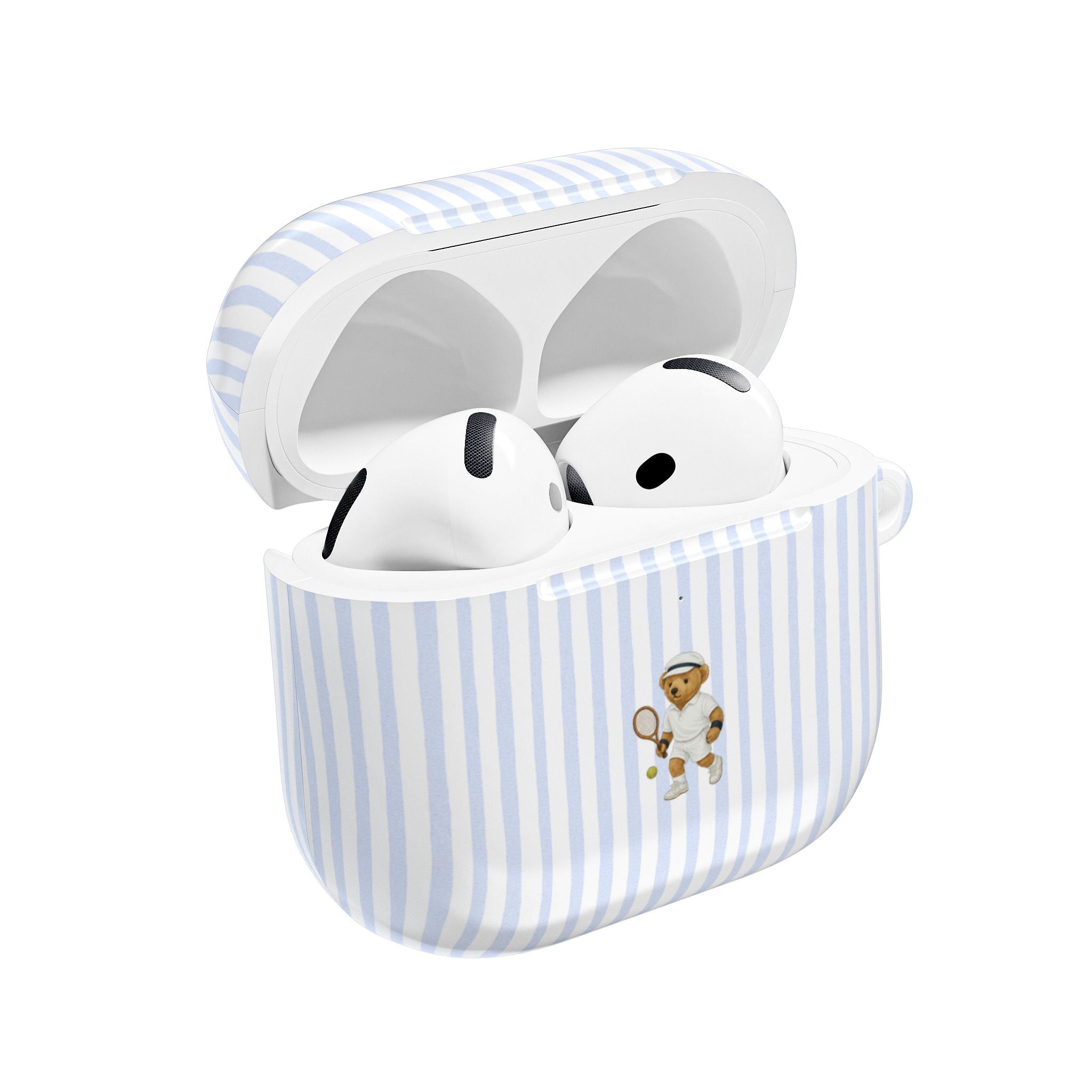 Light blue striped AirPods case open, showing white earbuds, teddy bear tennis emblem