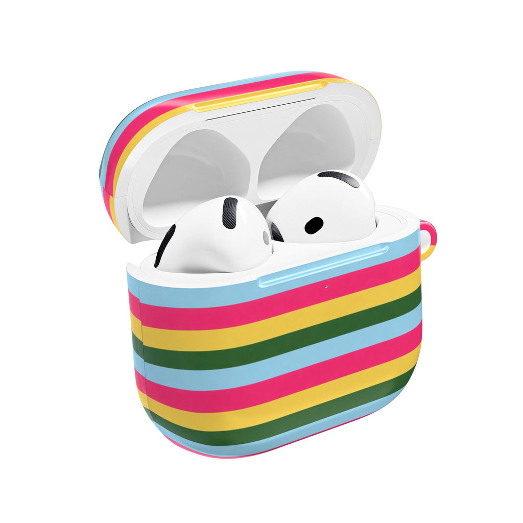 Striped AirPods case open, showing white earbuds inside