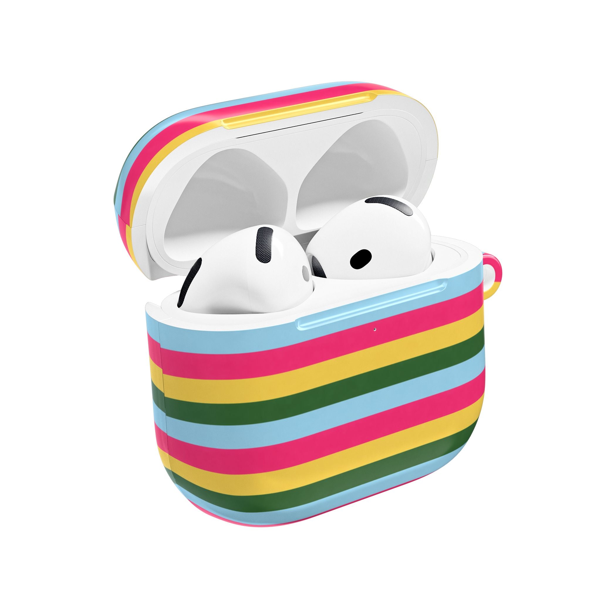 Striped AirPods case open, showing white earbuds inside