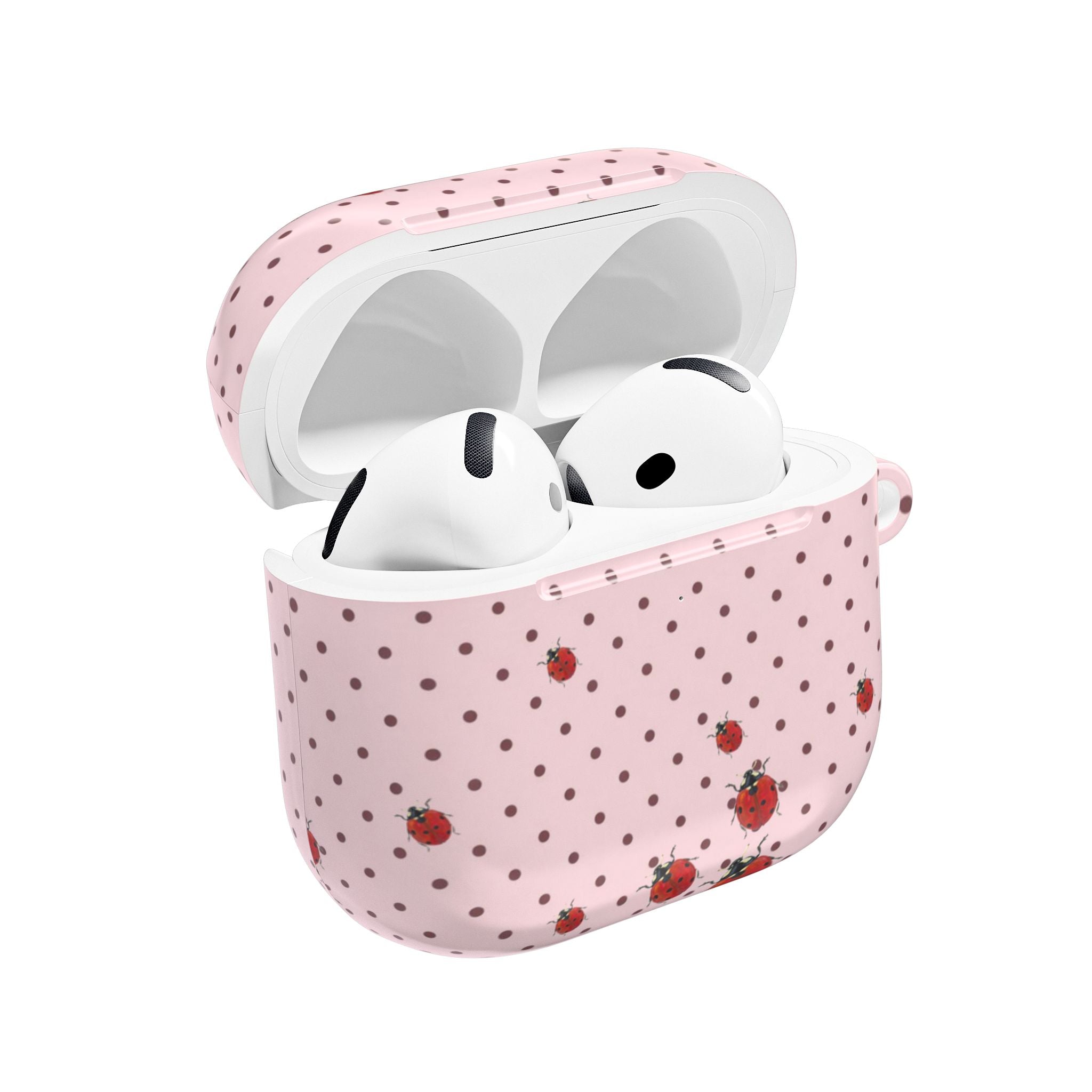 Pink polka dot AirPods case with ladybug print, open view showing earbuds inside