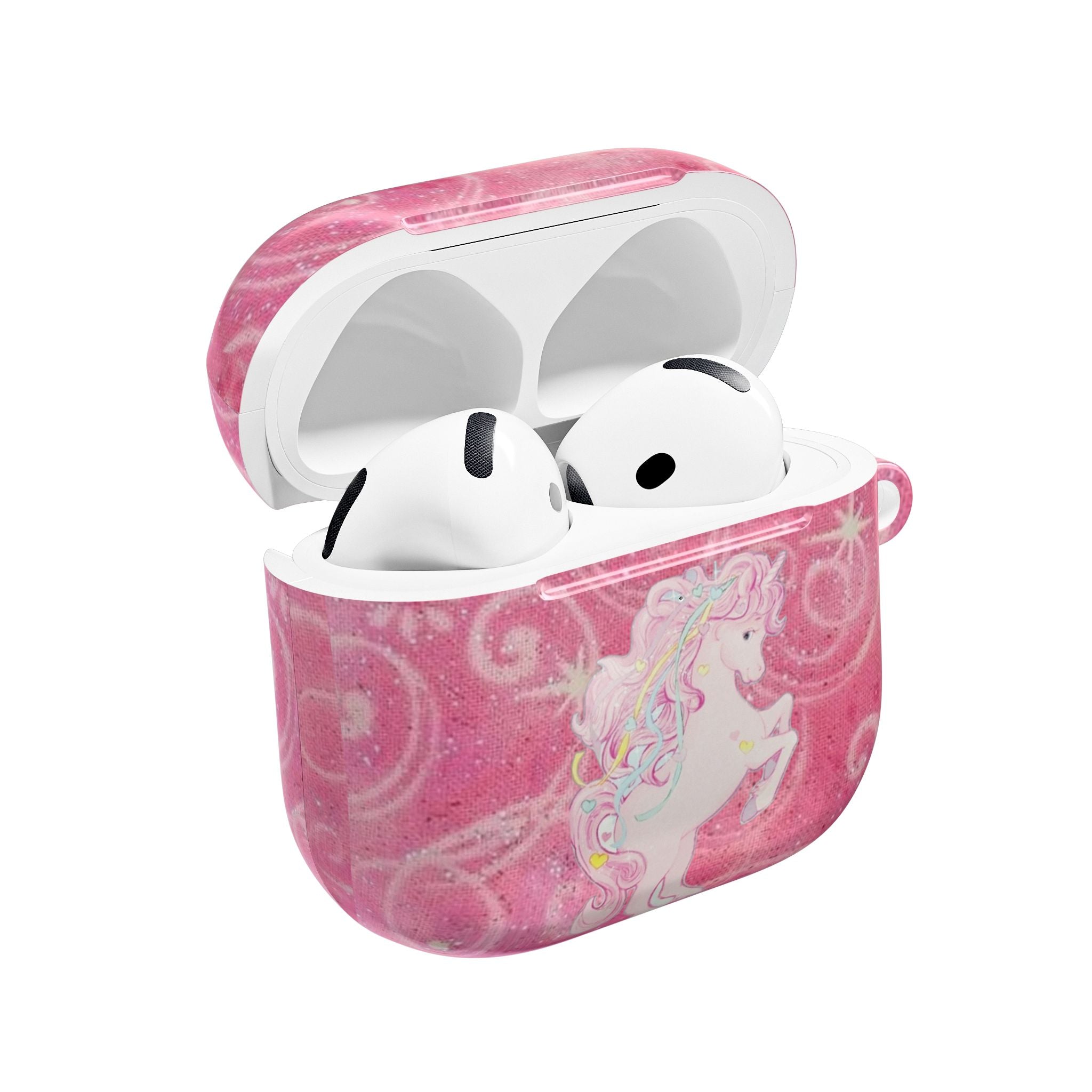 Pink glitter AirPods case featuring a unicorn, open to show earbuds