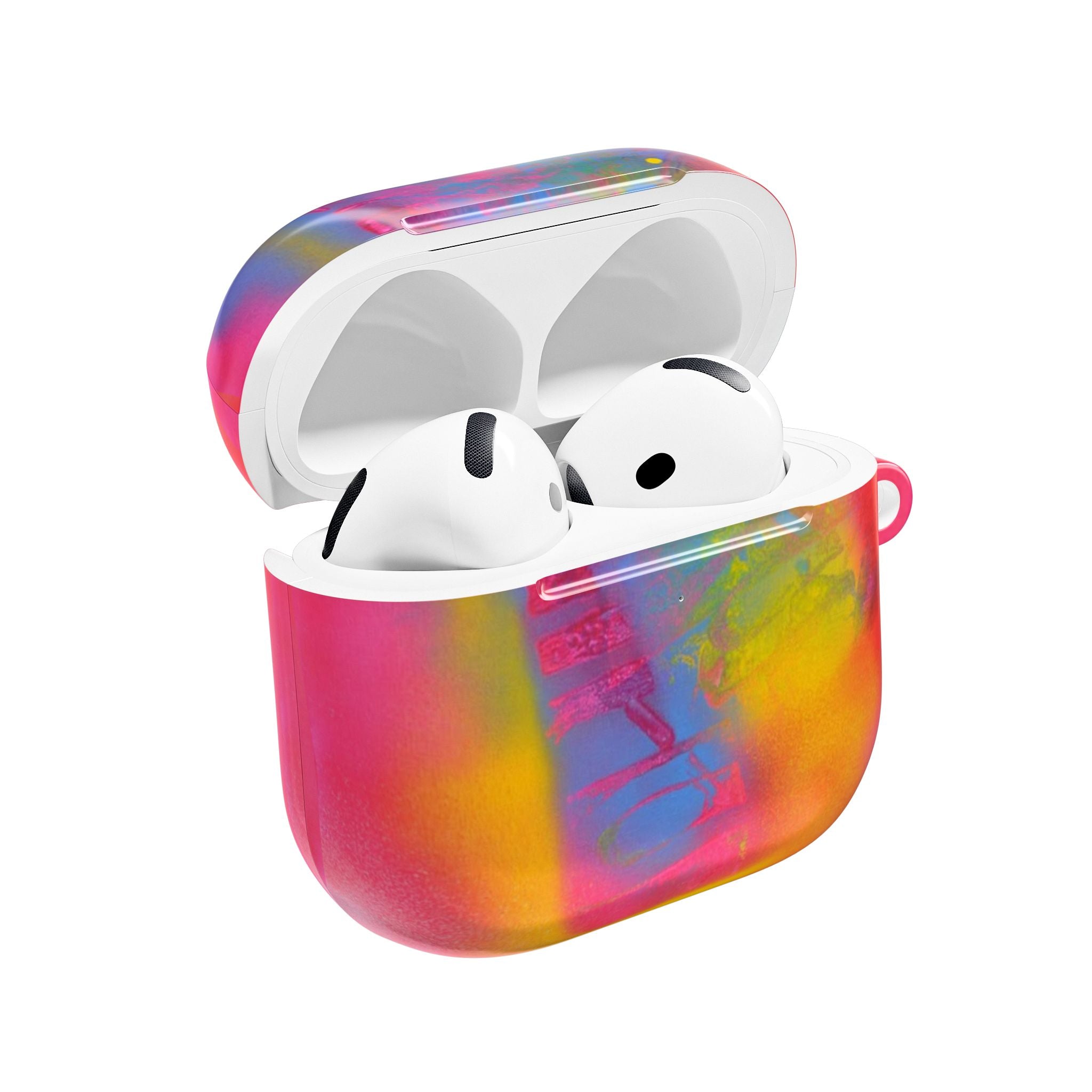 Mirage Glow AirPods case with rainbow holographic finish, open lid and white earbuds