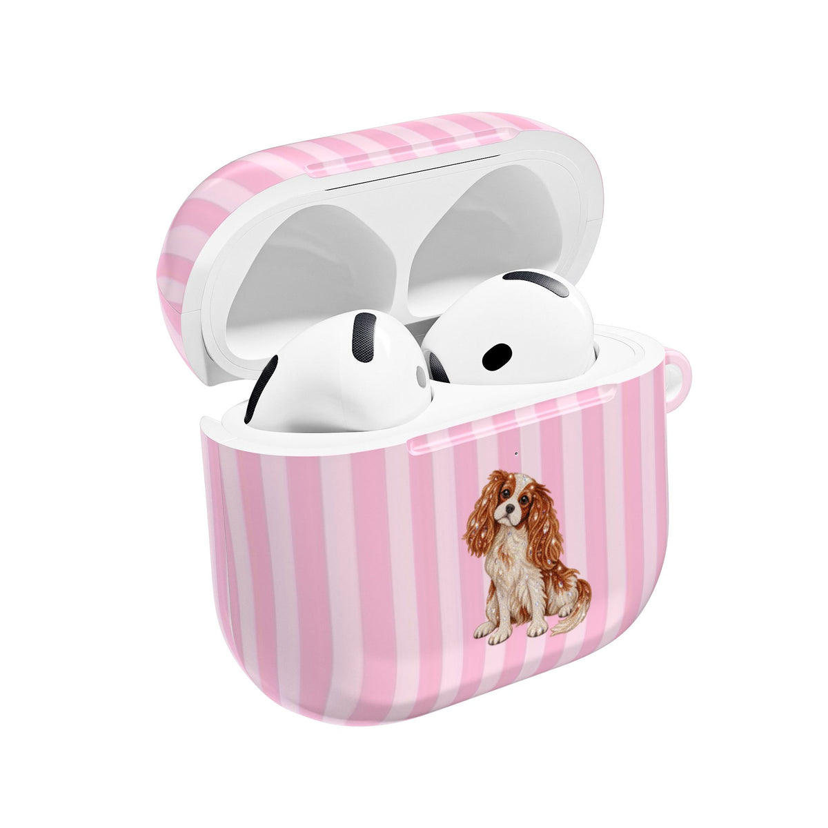 PINK STRIPES KING CHARLES CAVALIER DOG AIRPOD CASE