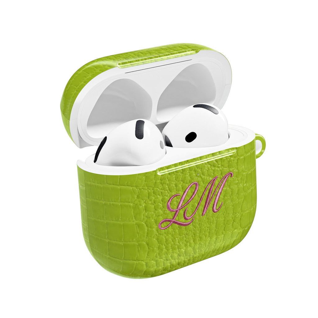 PERSONALIZED LIME GREEN CROC MONOGRAM INITIALS CUSTOM NAME AIRPOD CASE