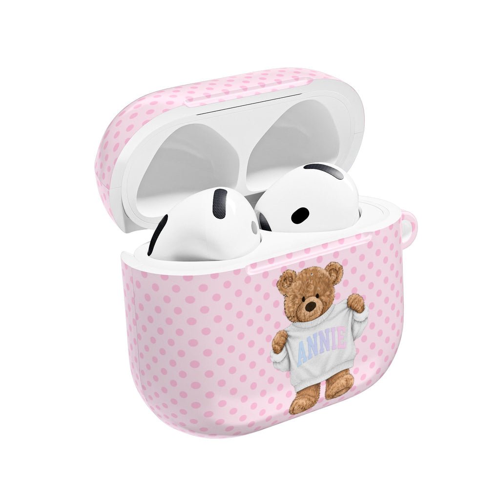 PERSONALIZED VARSITY SWEATER PINK POLKA DOTS CUSTOM TEDDY BEAR NAME AIRPOD CASE