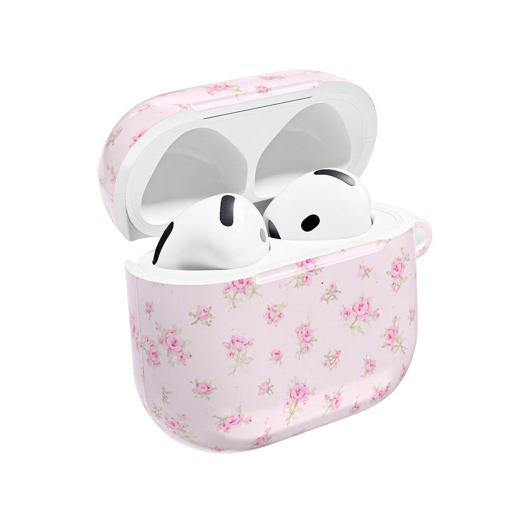 Light pink floral AirPod case with open lid showing white earbuds