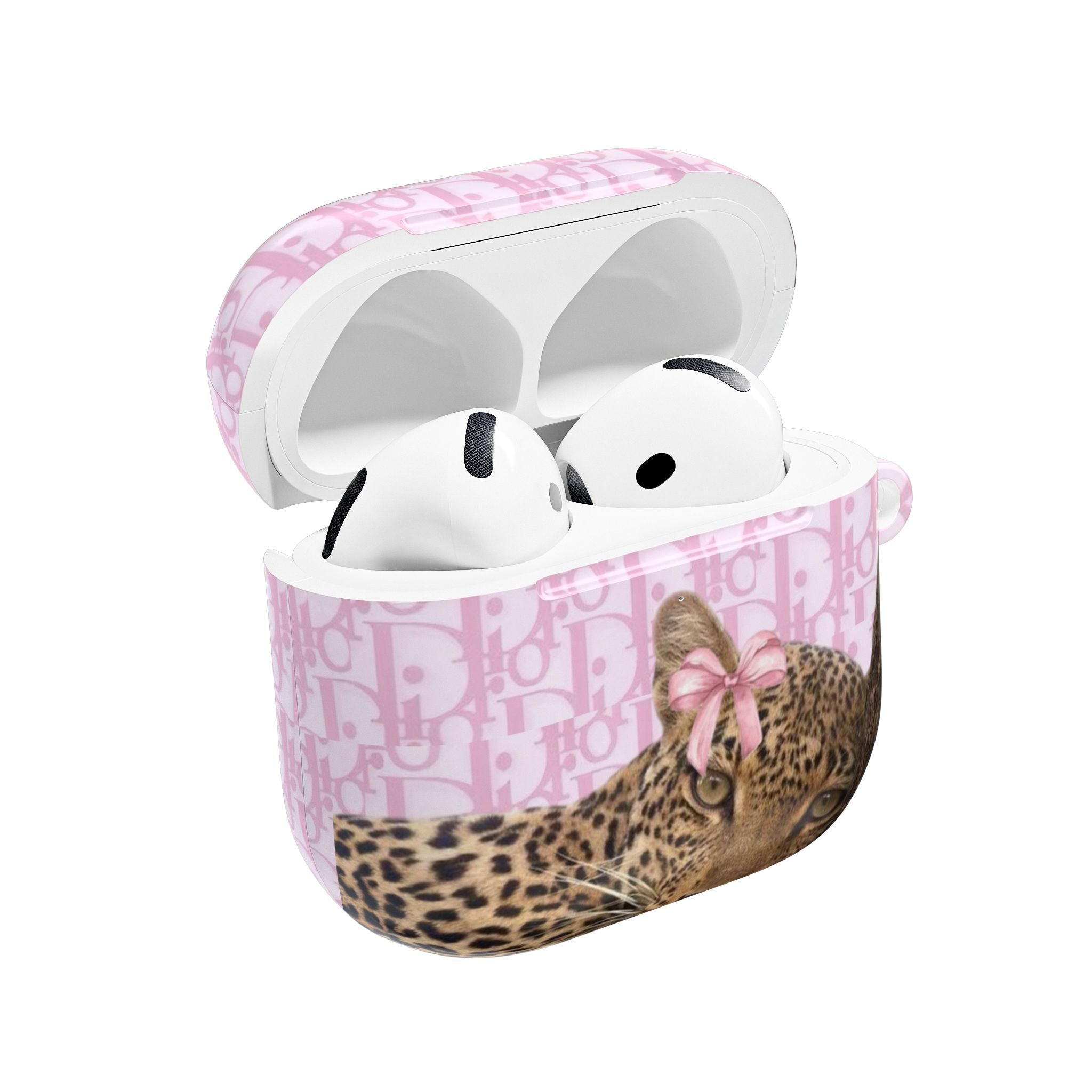 Dior leopard cat AirPods case, pink monogram pattern, open with white earbuds