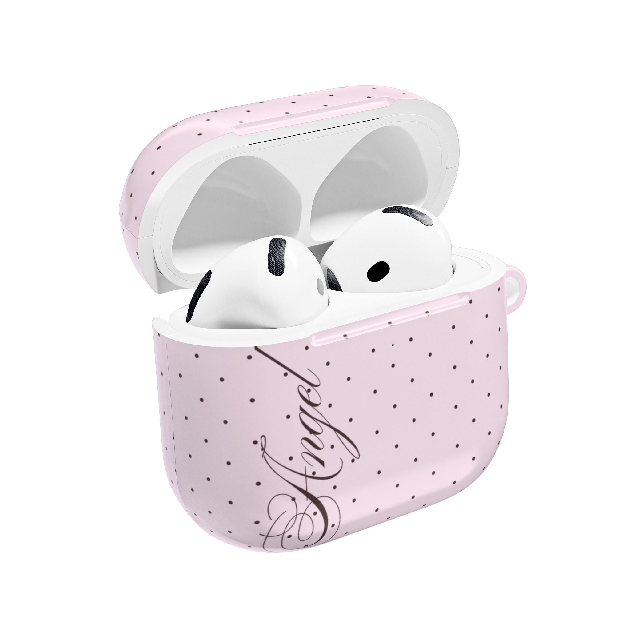 Pink polka dot AirPods case with open lid and cartoon earbuds inside