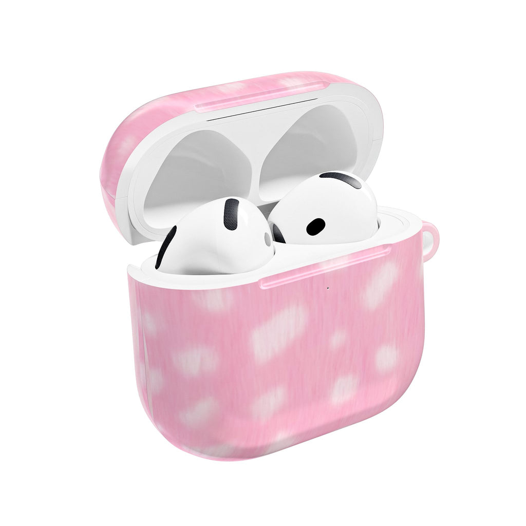 Pink patterned AirPods case with lid open and two white earbuds inside