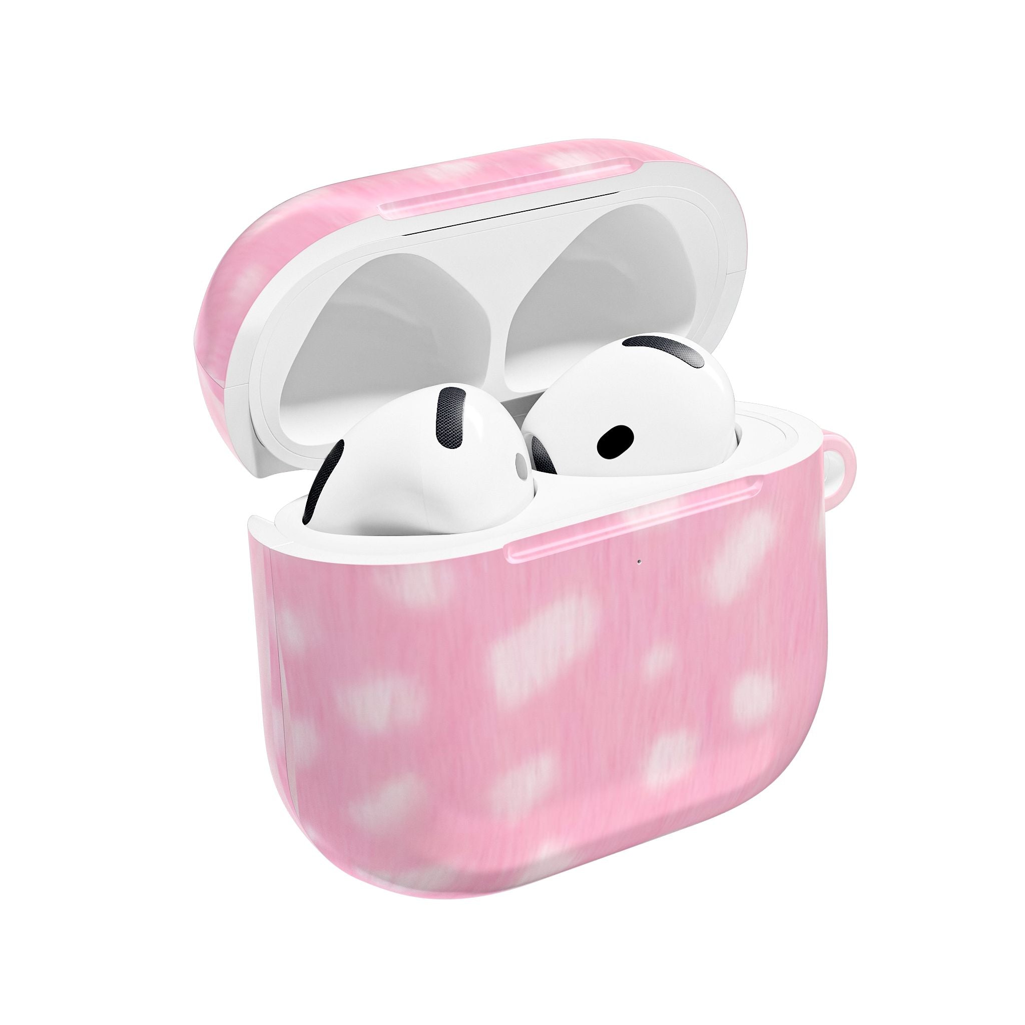 Pink patterned AirPods case with lid open and two white earbuds inside