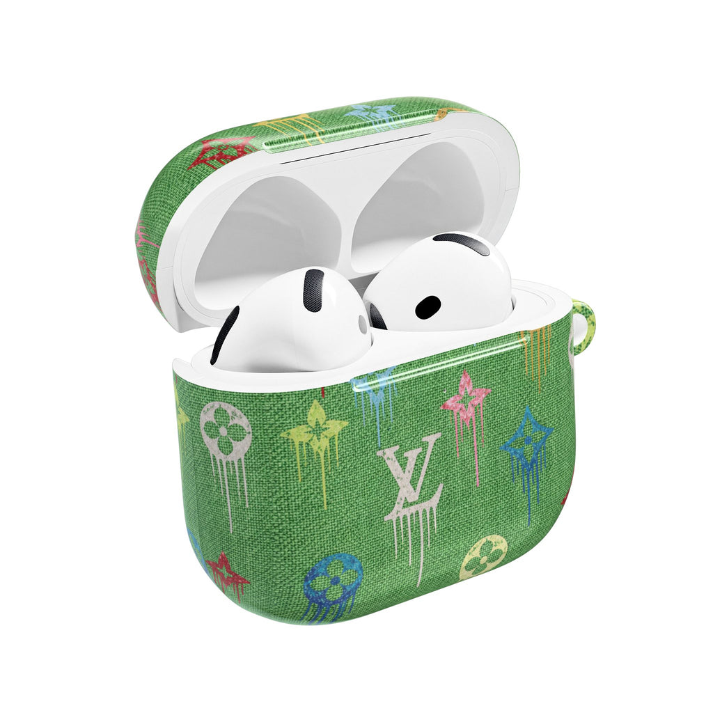Green LV watercolor AirPod case with open lid and white earbuds inside