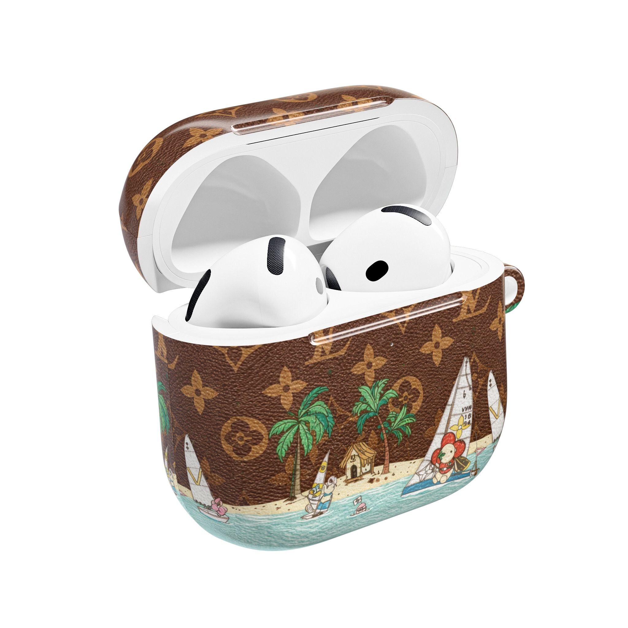 Brown AirPods case with white earbuds, sailboat and palm-tree print