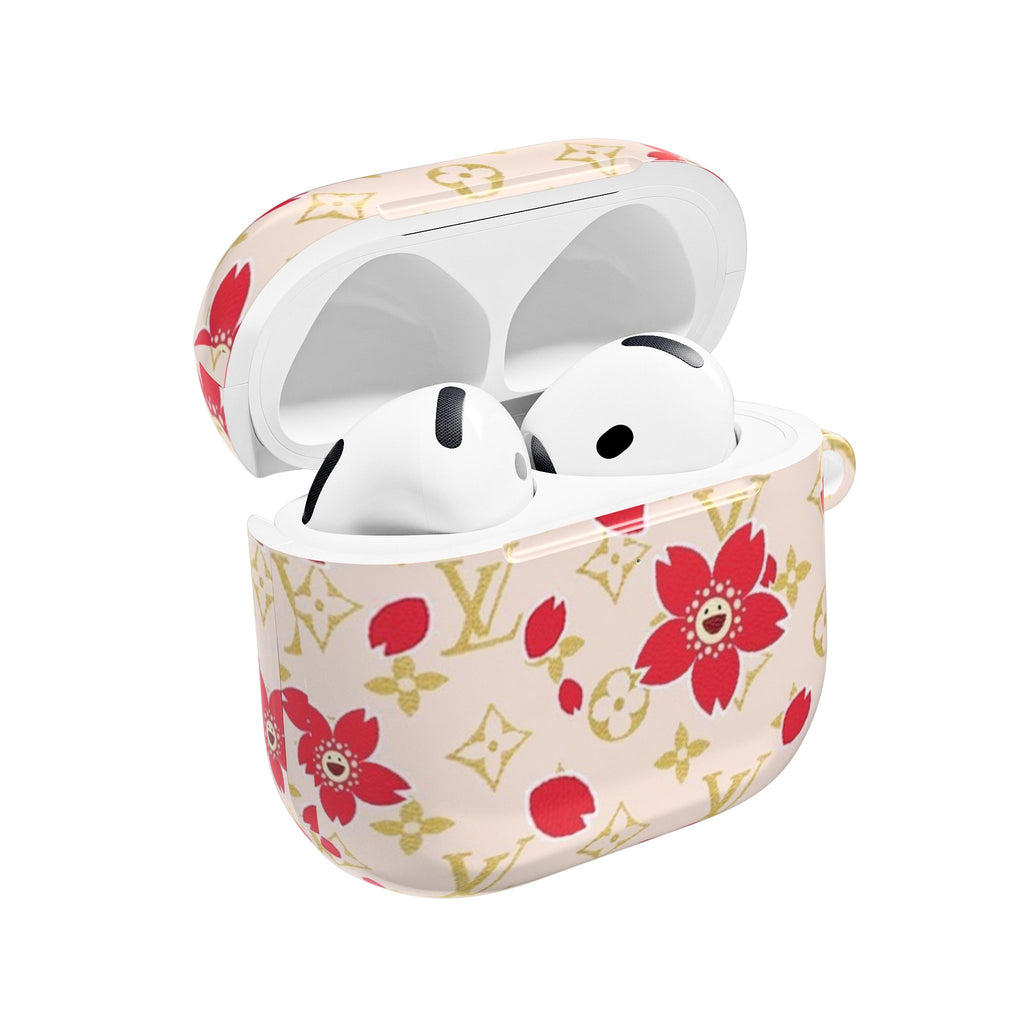 Ivory AirPods case with red floral pattern and LV monogram, open with earbuds visible