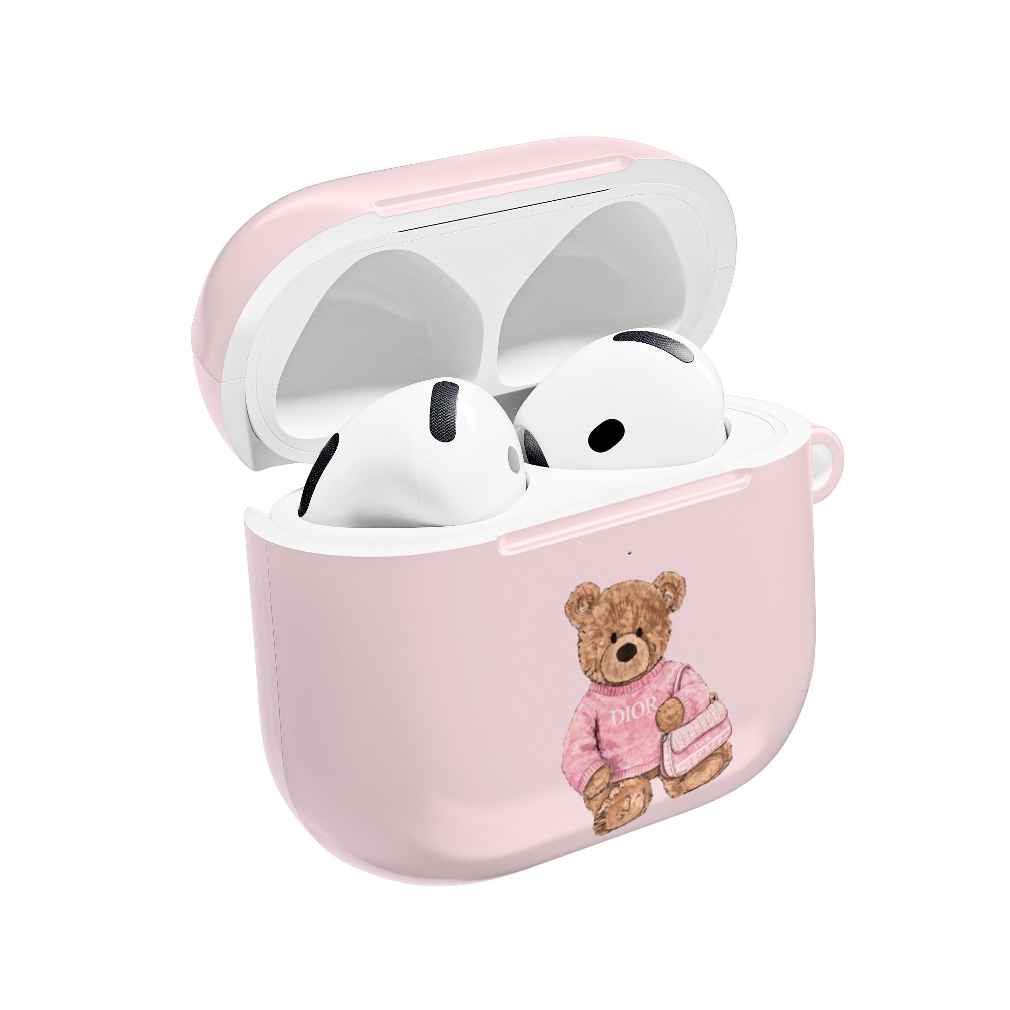 Baby pink Dior teddy bear AirPods case with open lid and two earbuds inside